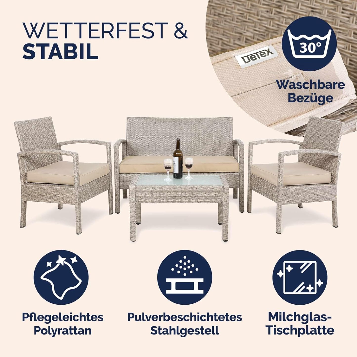 NEXAMARKET Gartenmöbel Set Wetterfest 4 Personen Outdoor inkl. Auflagen Polyrattan 2 Sessel Gartenbank Tisch Garten Terrasse Balkon Möbel Lounge Creme