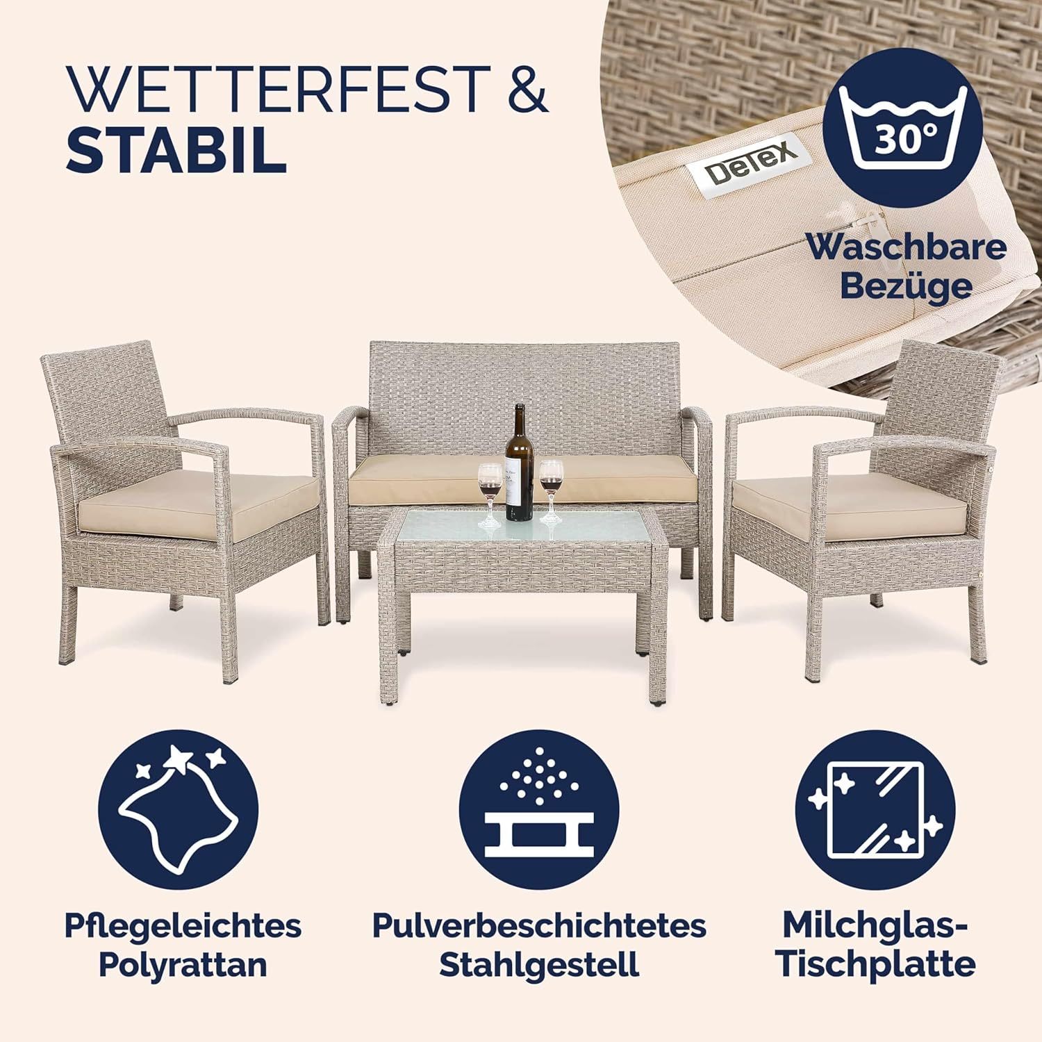 NEXAMARKET Gartenmöbel Set Wetterfest 4 Personen Outdoor inkl. Auflagen Polyrattan 2 Sessel Gartenbank Tisch Garten Terrasse Balkon Möbel Lounge Creme
