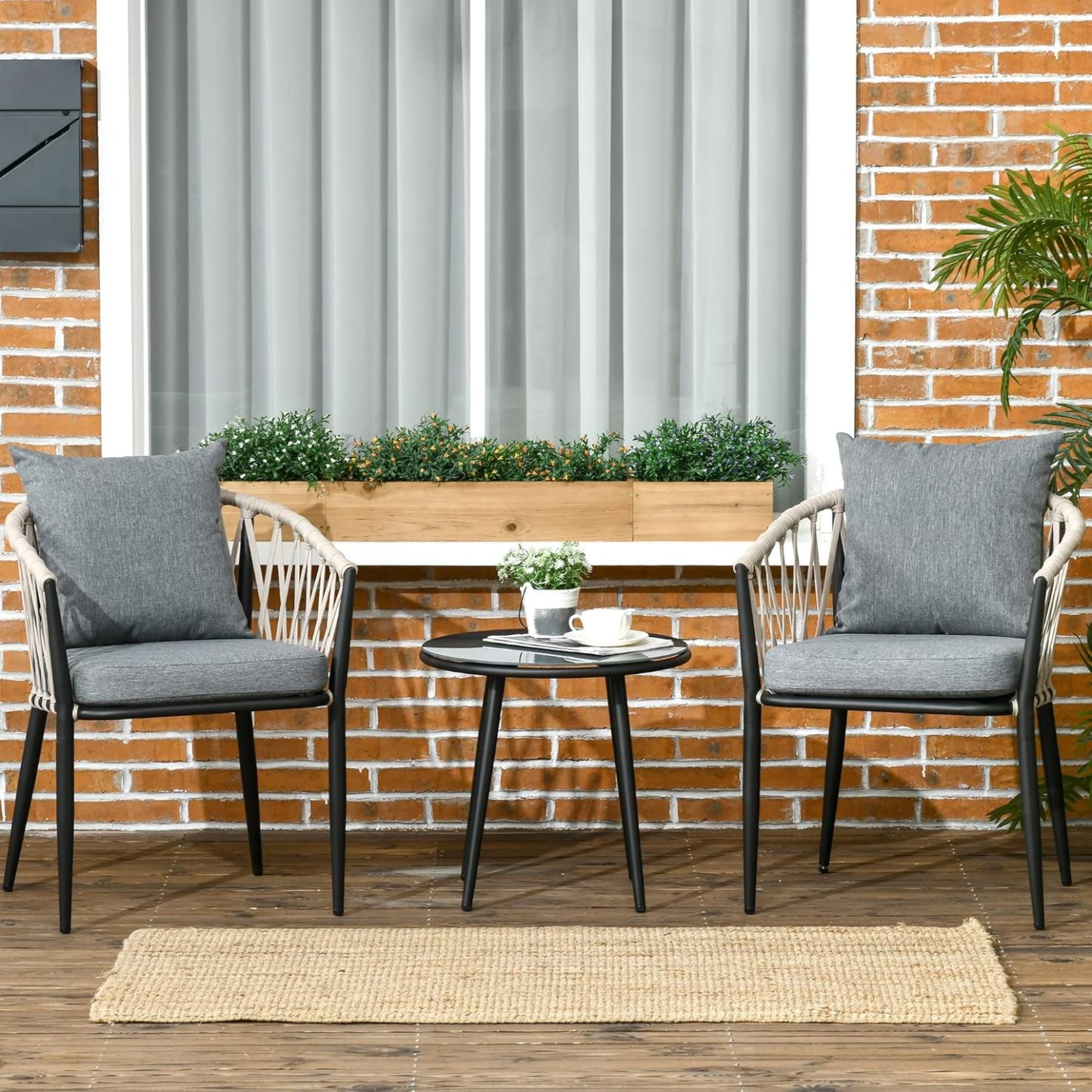 NEXAMARKET 3tlg. Gartenmöbel Set, Garten-Bistroset inkl. 1 Tisch, 2 Stühlen mit Sitzkissen, Balkon-Set, Gartengarnitur für Terrasse, Balkon, Stahl, Grau