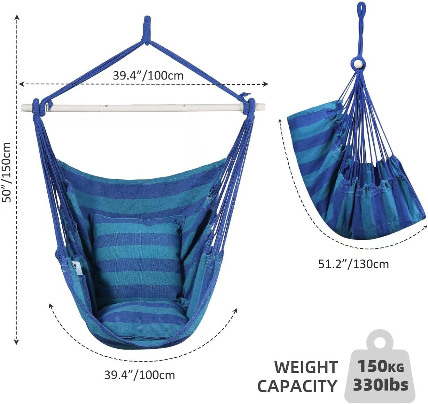 NEXAMARKET Schaukel Stuhl Große Hängematte Stuhl Weiche Baumwolle mit 2 Sitzkissen Kissen mit Tragetasche für Innen-/Außen-/Schlafzimmer Patio Garten Balkon, 330 Lbs (Blauer Streifen)