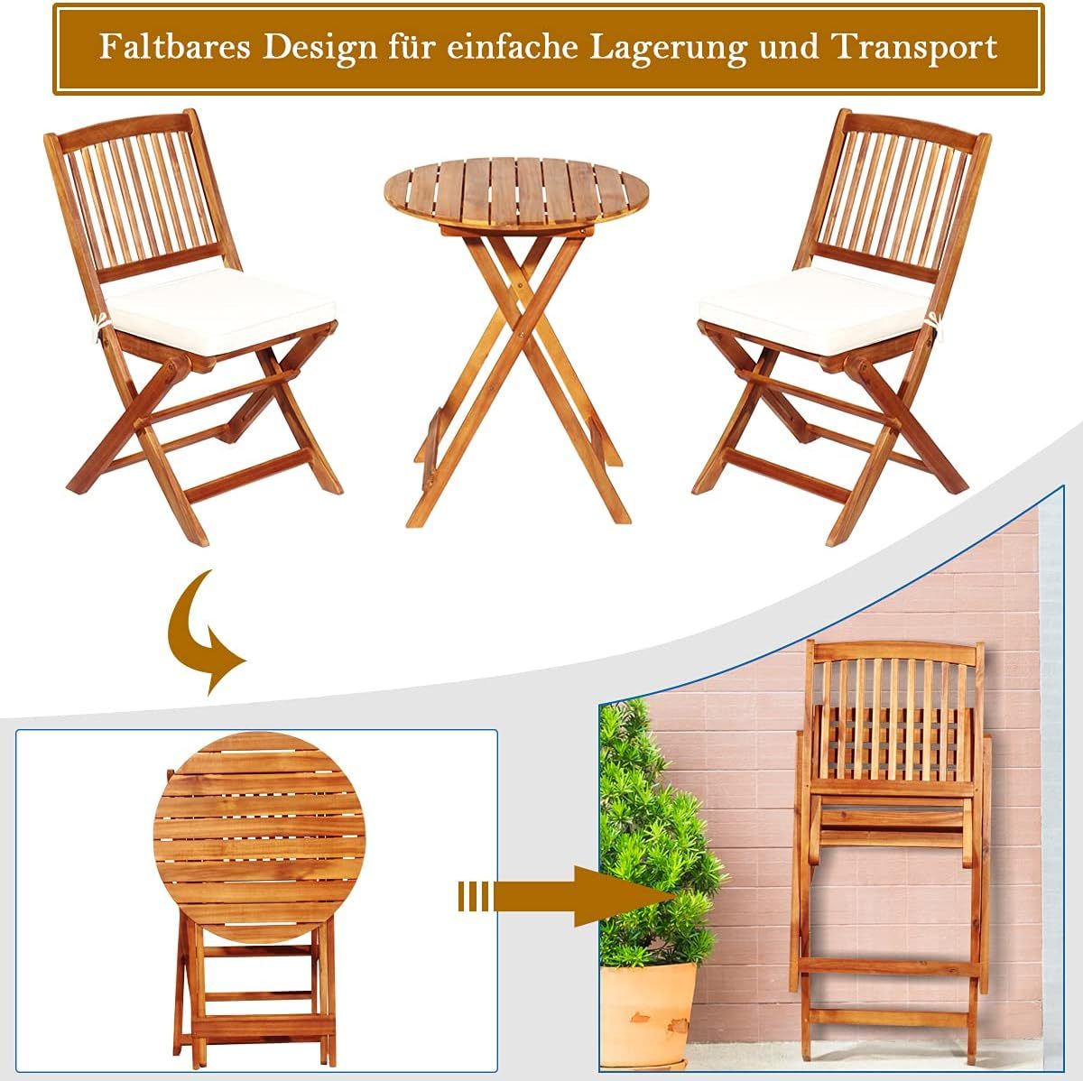 NEXAMARKET 3-TLG. Terrassenmöbel-Set, Gartenmöbel-Set klappbar mit Rundem Tisch & 2 Stühlen, Ergonomische Sitzgarnitur aus Akazienholz mit 2 Kissen, Bistroset für Balkon Garten Terrasse Hinterhof (Beige)