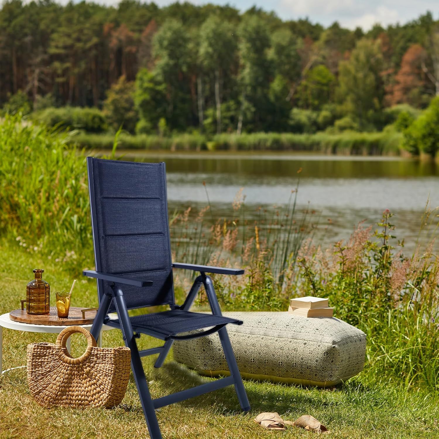 NEXAMARKET Gartenstühle Alu 2er Set,Gartenstuhl Hochlehner Klappbar, Balkonstühle 7-Fach Verstellbar bis 150kg Dunkelgaru,Modell:Luxcomfort,CushHom