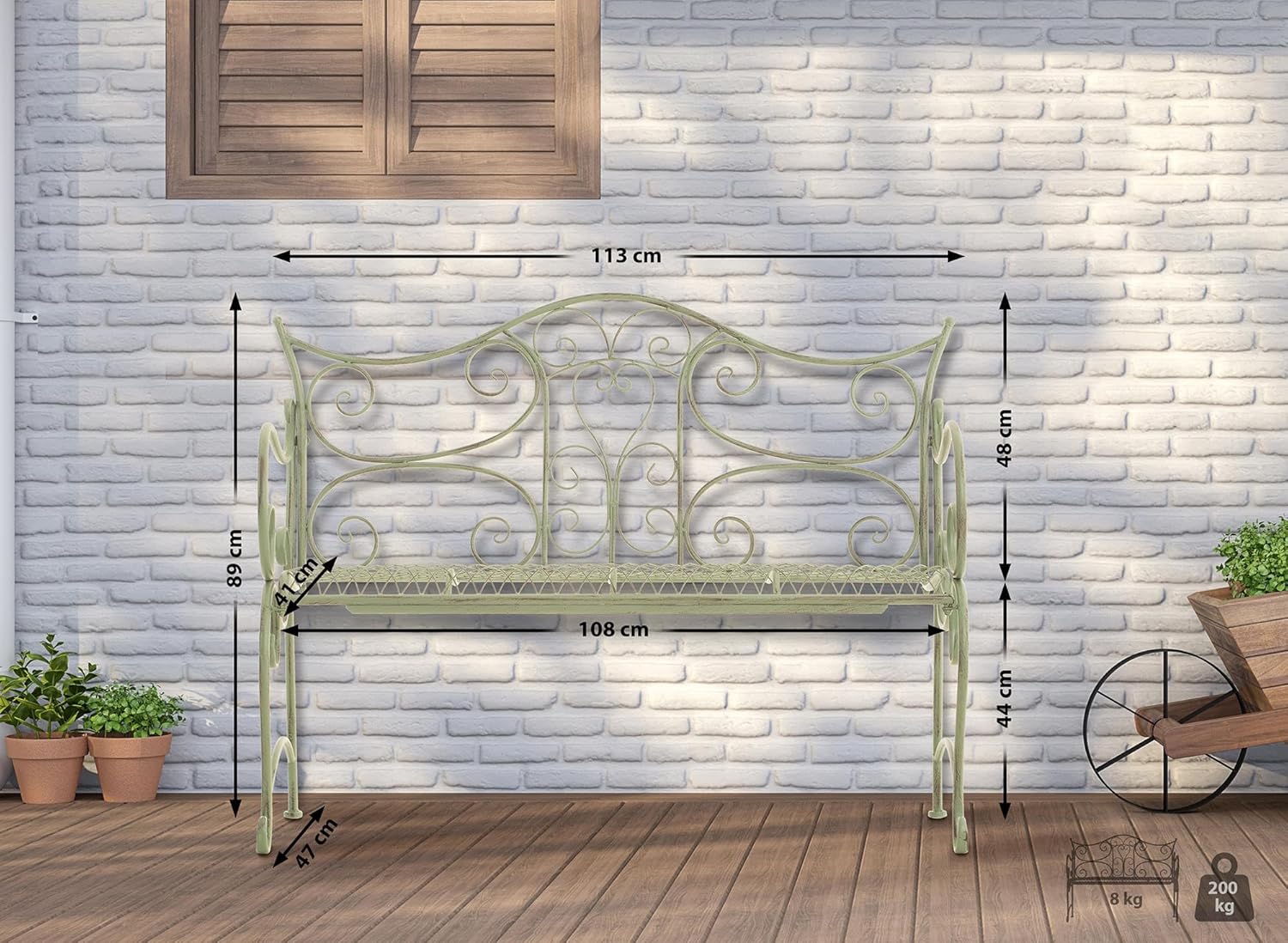 NEXAMARKET Gartenbank Tara aus lackiertem Eisen I Sitzbank im Jugendstil I Eisenbank mit 2-3 Sitzplätzen I erhältlich, Farbe:antik-grün