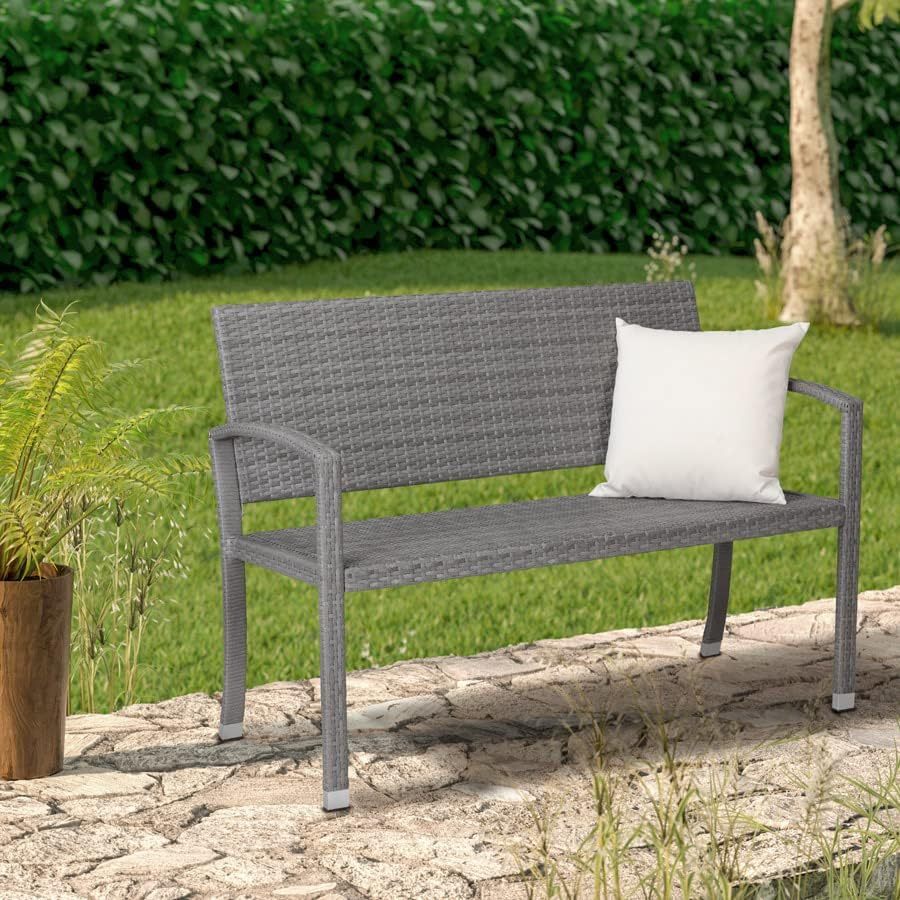 NEXAMARKET Gartenbank Wetterfest Polyrattan UV-beständig 320kg Belastbar Garten Terrasse Balkon Bank Balkonbank Gartenmöbel 122x58x87cm 2-Sitzer Grau