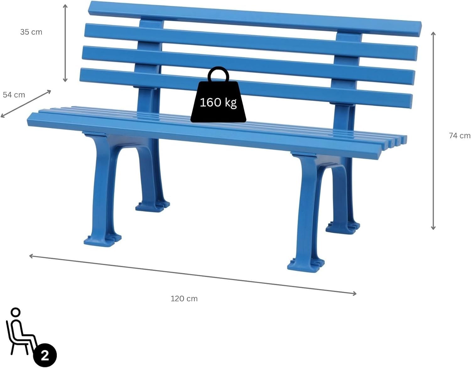 NEXAMARKET Gartenbank Antigua | 2-Sitzer | Himmelblau | HxBxT 74x120x54cm | Witterungs- & UV-beständiger Kunststoff | Parkbank Sitzbank Außenbereich Garten Balkon Terrasse