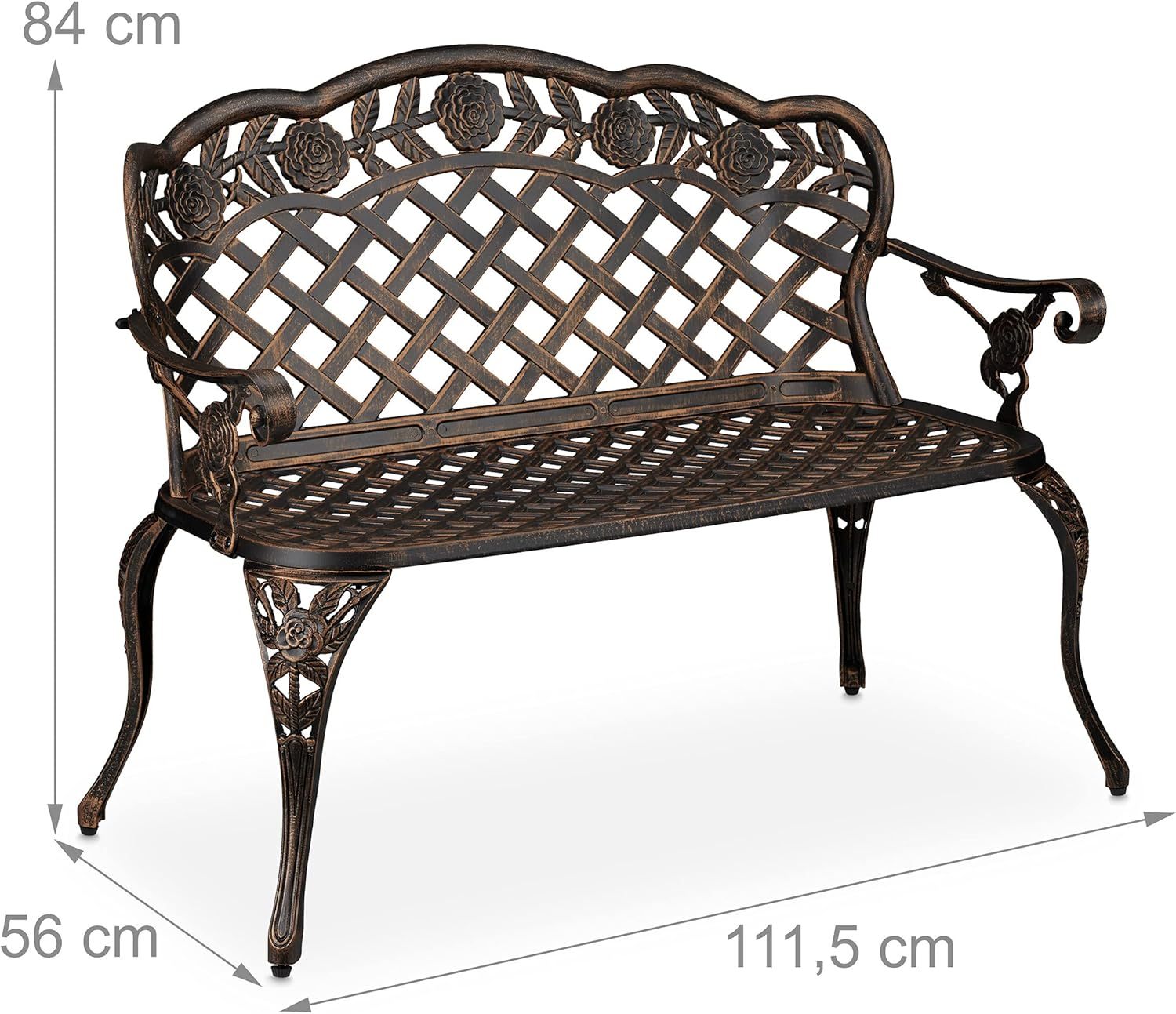 NEXAMARKET Gartenbank, 2 Sitzer, Rosen, Terrasse, Balkon, Aluminium Guss, antike Sitzbank, 84x111,5x56 cm, schwarz/bronze