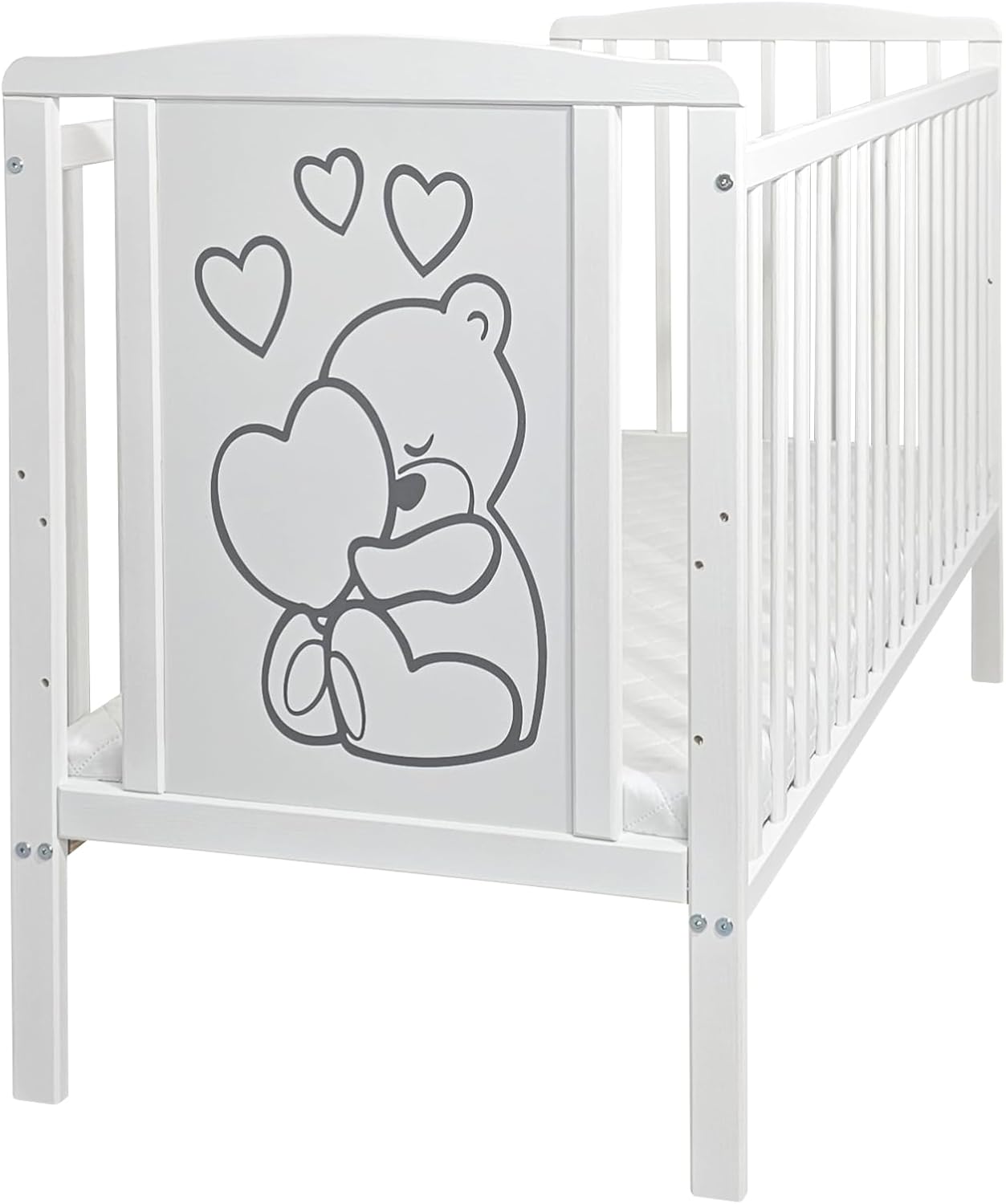 NEXAMARKET 16 Teiliges Babybett Kinderbett und Bettwäsche komplett Set Timmi inkl. Matratze höhenverstellbar für Neugeborene Babys und Kleinkinder aus Massivholz (Grau - Teddybär Mond)