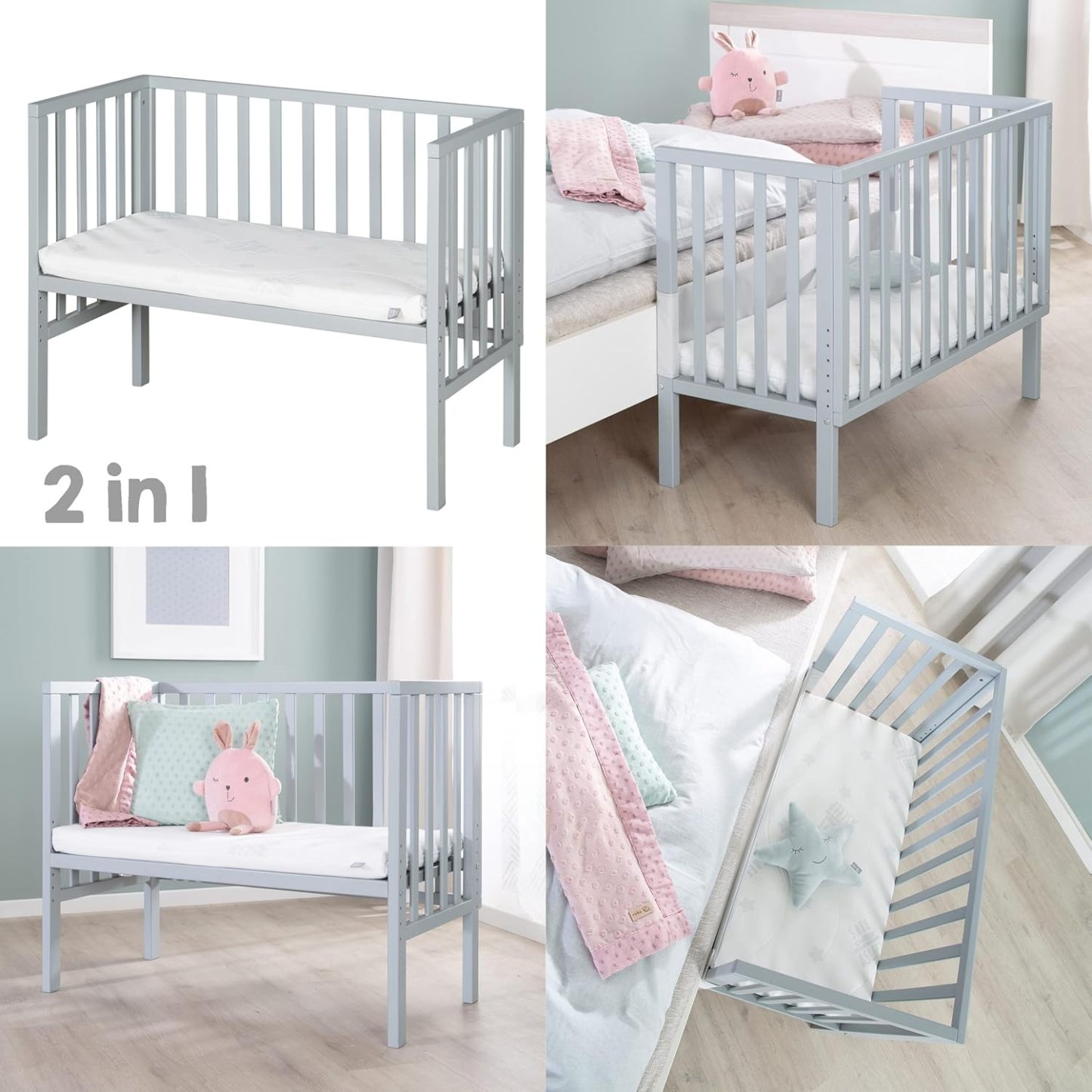 NEXAMARKET Beistellbett safe asleep® 2 in 1-45 x 90 cm - Höhenverstellbar - Komplettes Anstellbett mit Matratze + Mesh Barriere - Bett Set für Babys - Holz taupe/grau