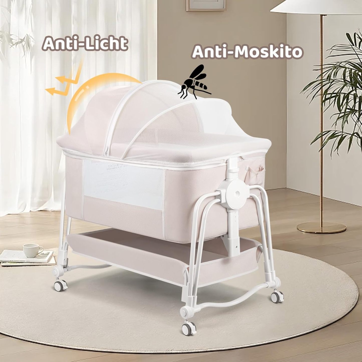 NEXAMARKET 4 In 1 Beistellbett Baby, Babybett, Reisebett Baby mit Matratze, Beistellbett 7 Fach höhenverstellbar mit Aufbewahrungskorb, Tragbarer Stubenwagen mit Rollen, Moskitonetz（Cremefarben）