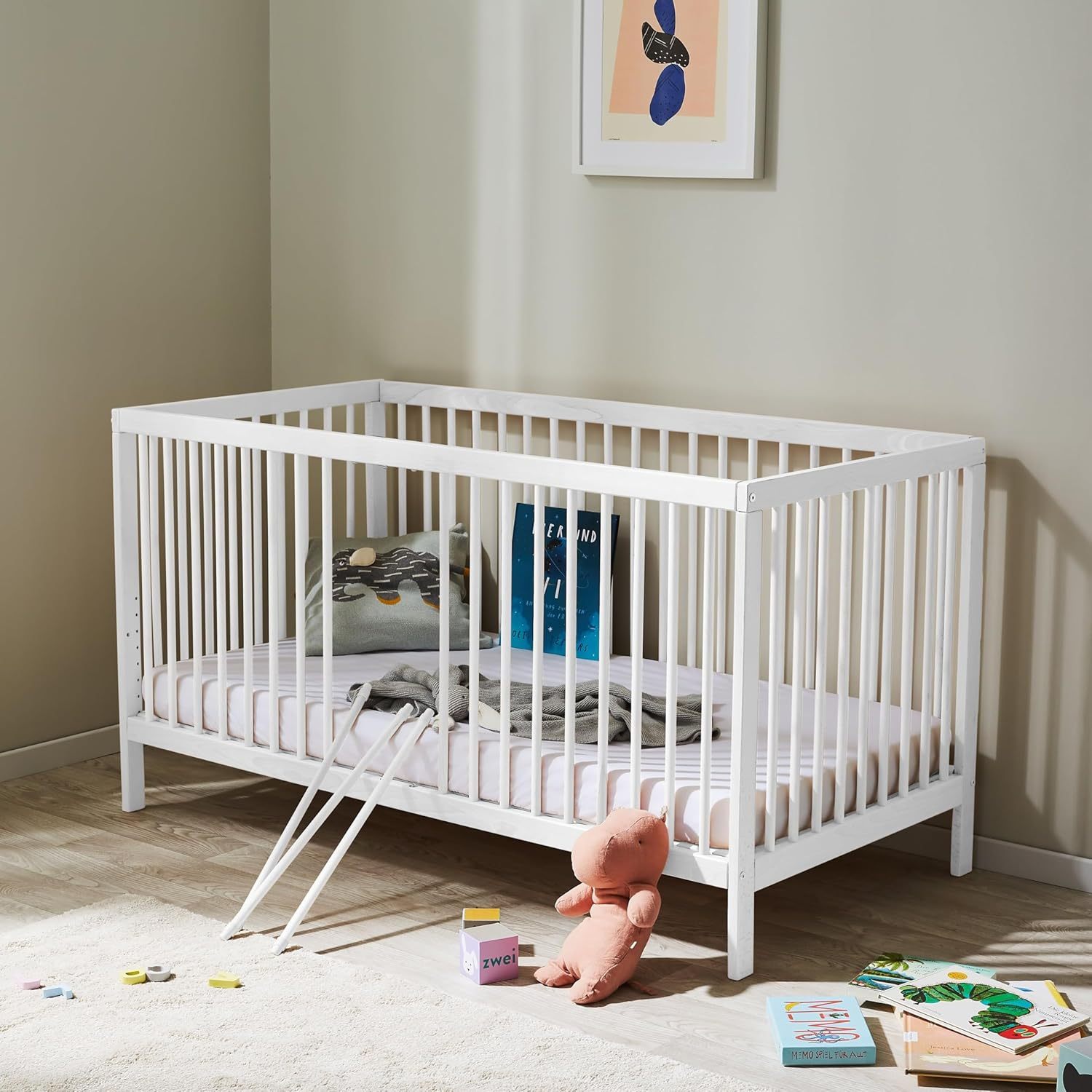 NEXAMARKET Babybett Kinderbett Gitterbett 60x120 höhenverstellbar & herausnehmbare Sprossen, optional mit Schublade und Matratze | Buchenholz Weiss sehr stabil Made in Europe