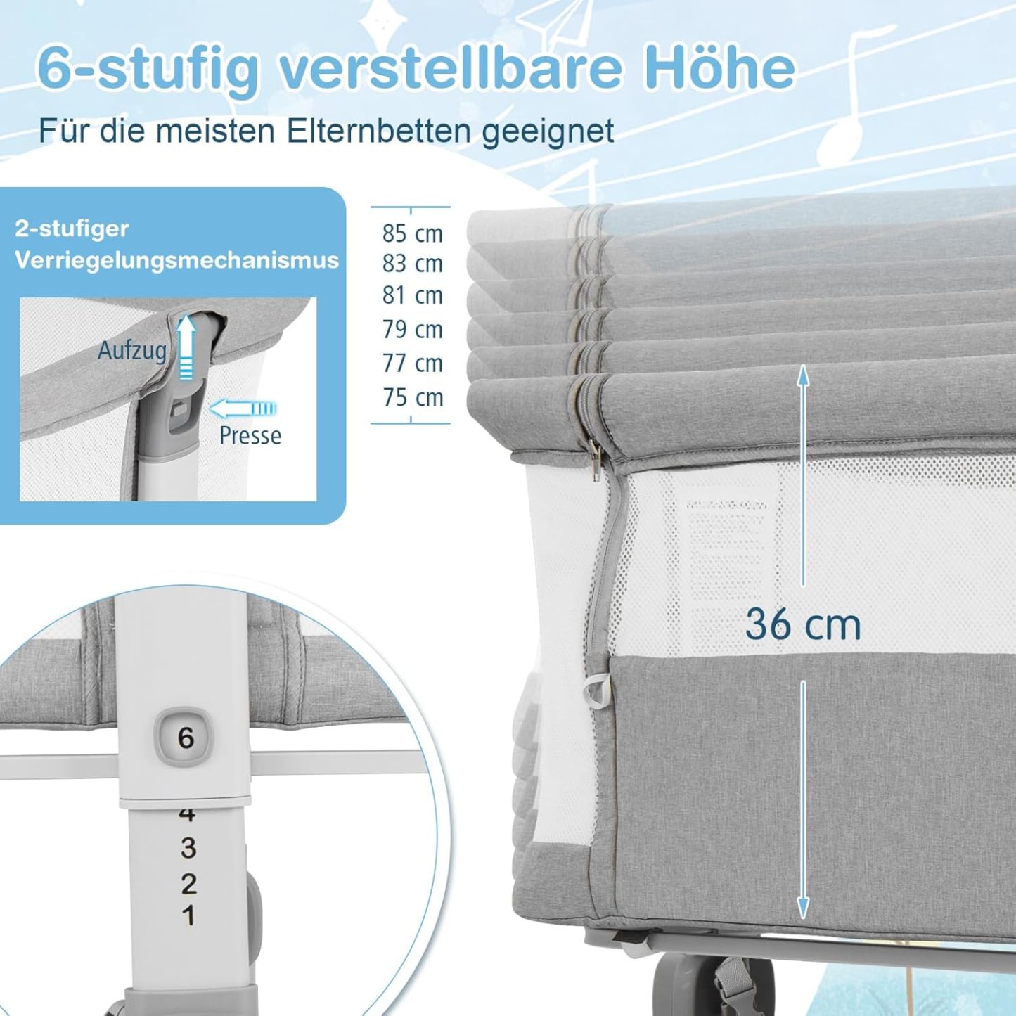 NEXAMARKET 3 in 1 Beistellbett, Reisebett Baby mit Matratze, Babybett 6 Fach höhenverstellbar mit Aufbewahrungskorb & Tragetasche, tragbarer Stubenwagen mit Rollen für Baby bis 6 Monaten (Grau)