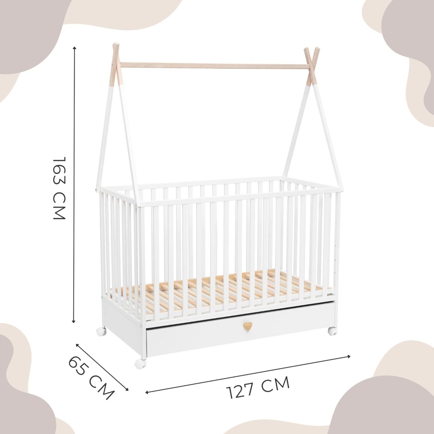 NEXAMARKET Weiss Babybett mit Schubladen 60x120 - Baby Bett - Kinderbett 60x120 ab 3 Jahr - Beistellbett Baby - Kinder Bett - Maserholz Kinderbetten