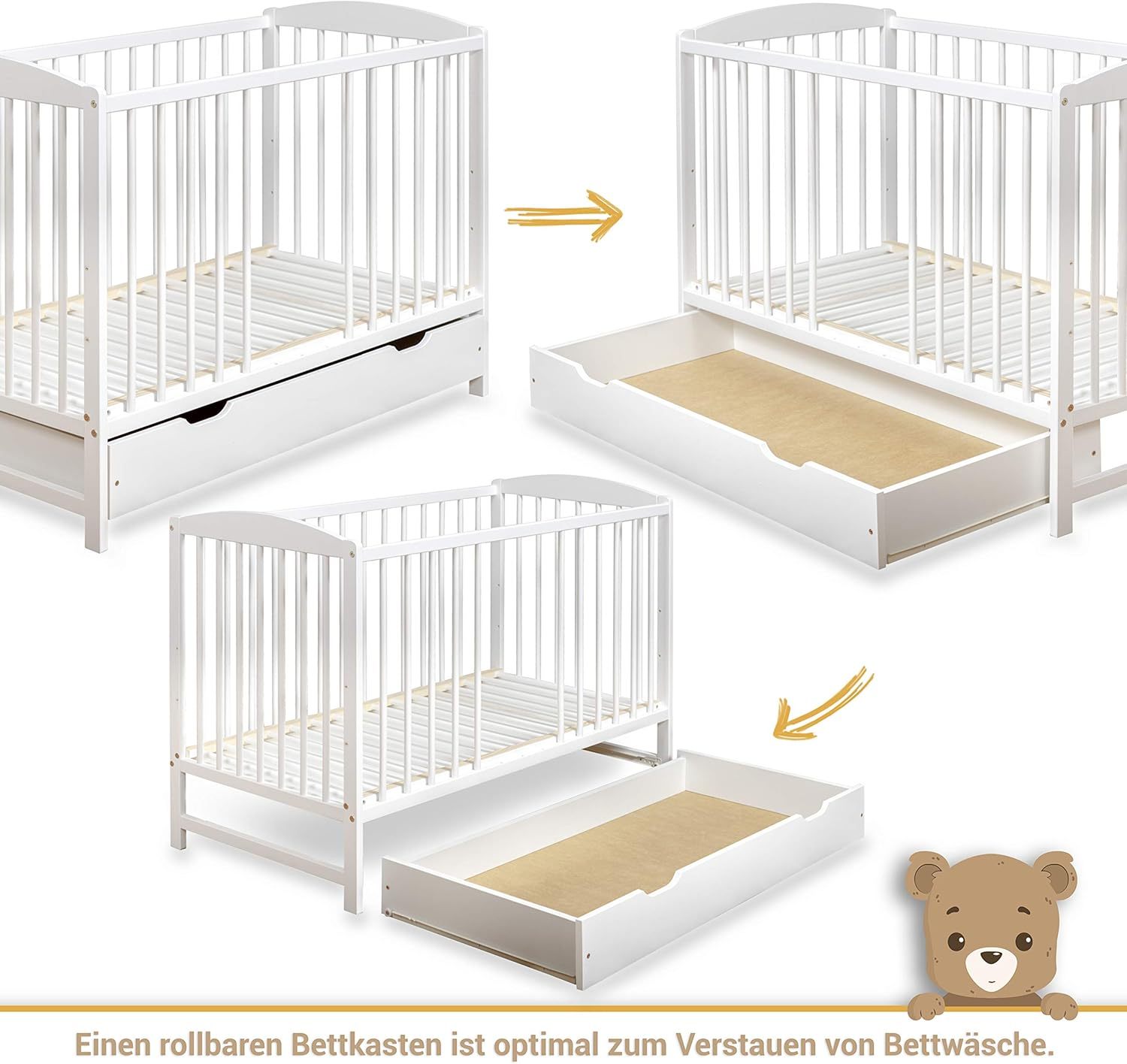 NEXAMARKET Kinderbett Babybett 60x120 cm – Gitterbett mit Schublade, Höhenverstellbarem Lattenrost und Schlupfsprossen, Umbaubar zum Juniorbett – Weiß