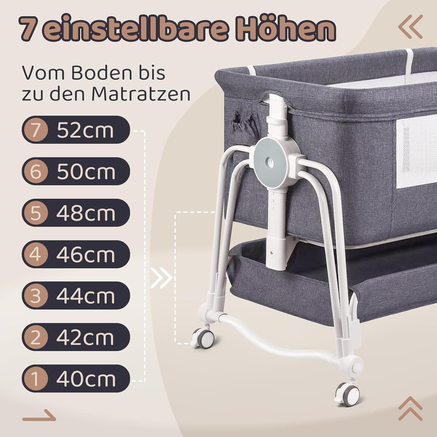 NEXAMARKET 4 In 1 Beistellbett Baby, Reisebett Baby mit Matratze, Babybett 7 Fach höhenverstellbar mit Aufbewahrungskorb & Tragetasche, Licht Kinderbett mit Rollen, Matratze und Moskitonetz（Grau）