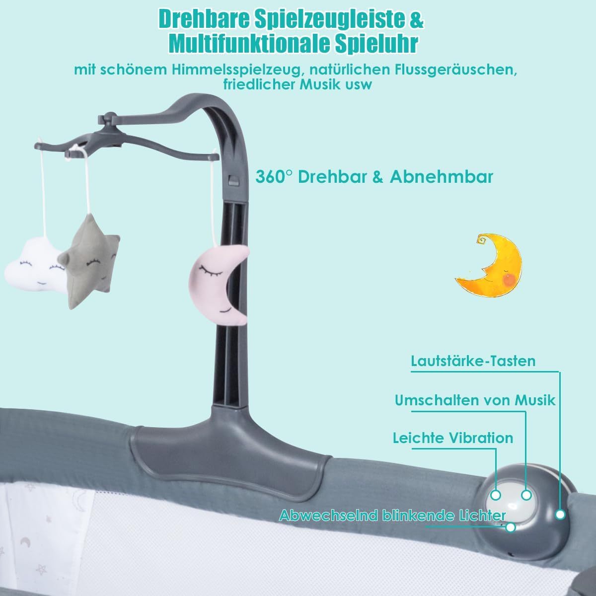 NEXAMARKET 2 in 1 Babybett & Beistellbett, Höhenverstellbar & Klappbar Reisebett mit Matratze, Spieluhr, Spielzeug & Tragetasche, Kinderbett für Baby 0-6 Monate bis 9 kg belastbar (Modell 1, 97 x 57 cm)