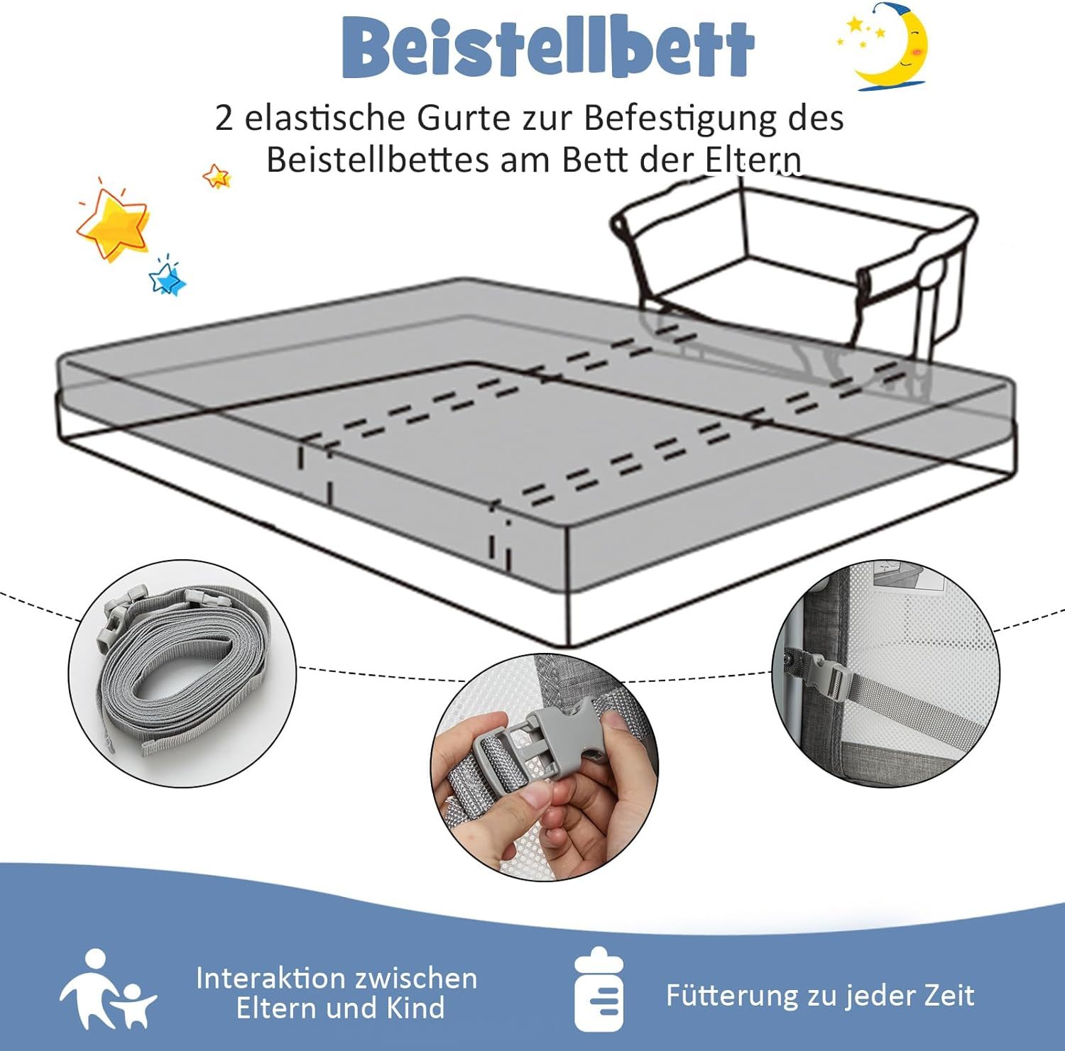 NEXAMARKET 4 in 1 Babybett mit Moskitonetz, Beistellbett & Babywiege & Stubenwagen & Reisebett mit Matratze, 6 verstellbaren Höhen, Tragetasche, mobiles Kinderbett faltbar für Baby bis 6 Monaten (Grau)