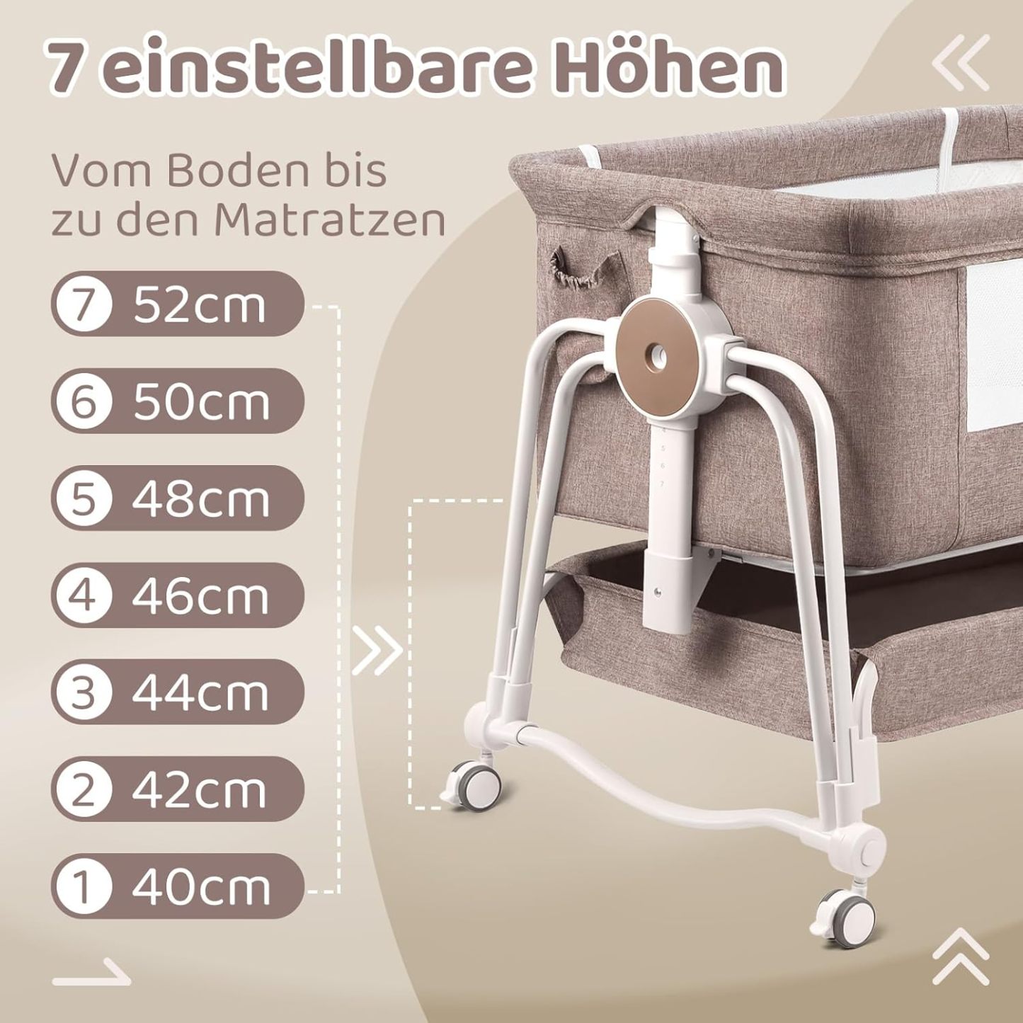 NEXAMARKET 4 In 1 Beistellbett Baby, Reisebett Baby, Babybett 7 Fach höhenverstellbar mit Aufbewahrungskorb & Tragetasche, Licht Kinderbett mit Rollen, Matratze und Moskitonetz（Khaki）
