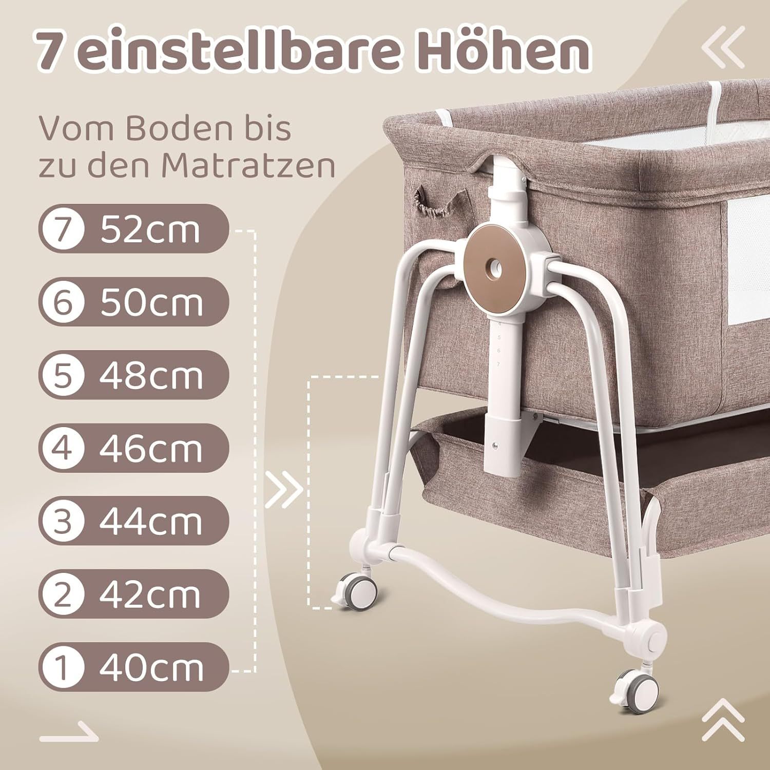 NEXAMARKET 4 In 1 Beistellbett Baby, Reisebett Baby, Babybett 7 Fach höhenverstellbar mit Aufbewahrungskorb & Tragetasche, Licht Kinderbett mit Rollen, Matratze und Moskitonetz（Khaki）