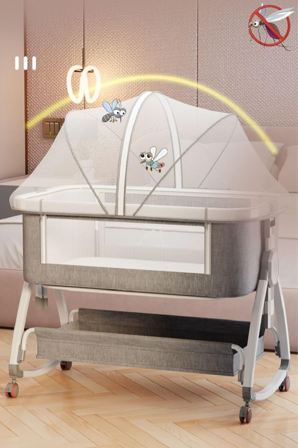 NEXAMARKET 3in1 Baby Beistellbett Reisebett, Babybetten, Mit Rollen, Sechs Ebenen Stufen Höhenverstellung, Wiege, Höhenverstellug und Einstellung der Neigung der Matratze (Goldgrau)