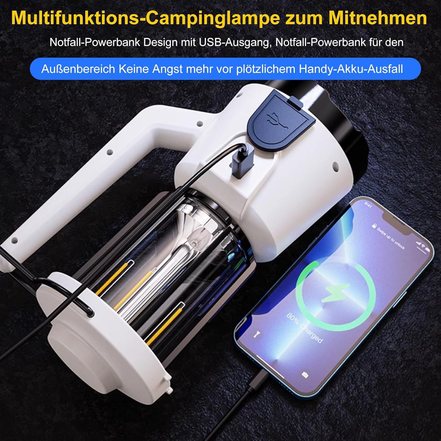 NEXAMARKET LED Campinglampe,IP64 Wasserdicht Aufladbar Camping Laterne, Eingebaute 3600mAh Akku, 3 Lichtmodi Taschenlampe für Abenteuer, Wandern, Angeln, SOS,