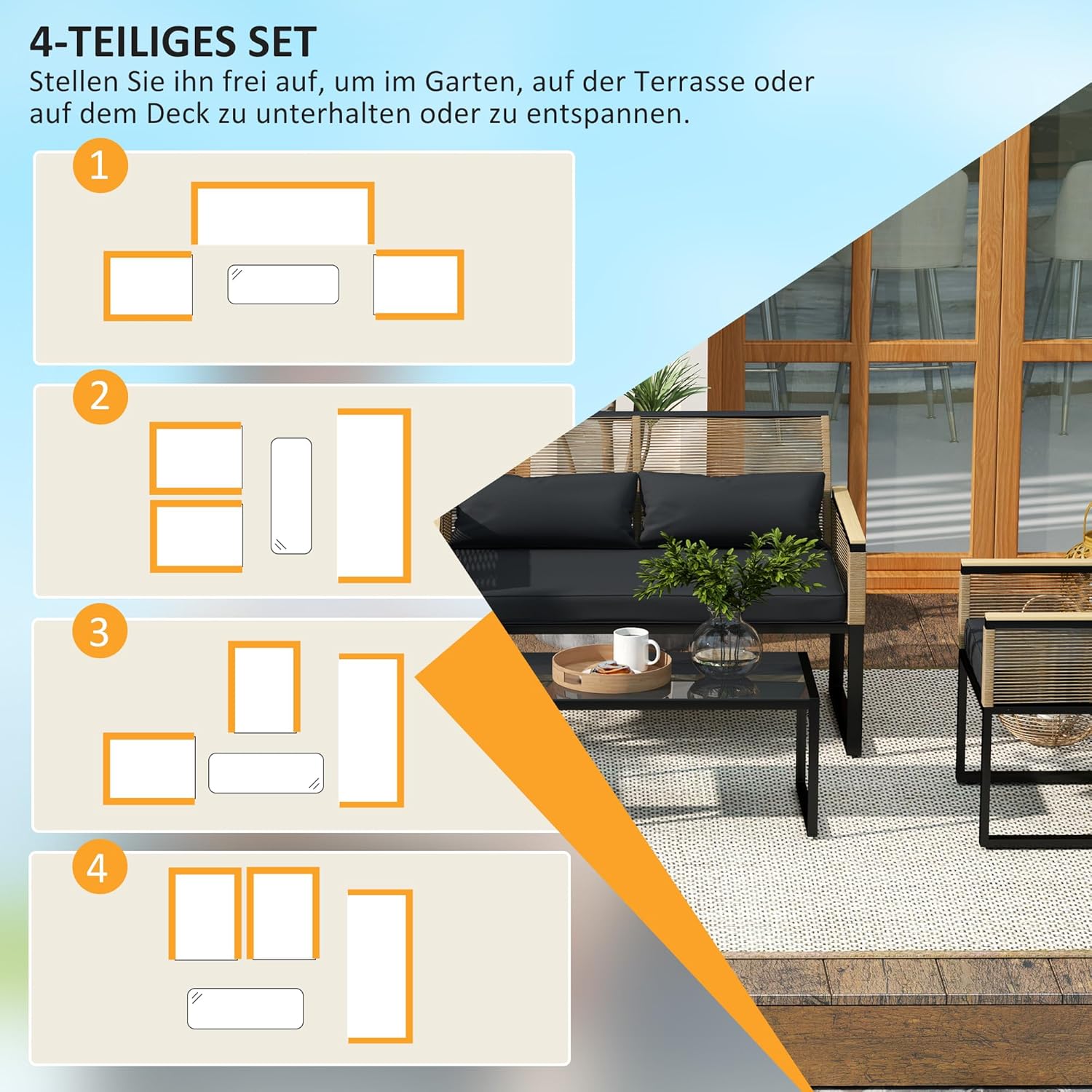 NEXAMARKET Polyrattan Gartenmöbel Set 4 Personen, wetterfest Balkonmöbel-Set mit 2er Sofa, 2 Stühle Glastisch Sitzkissen, Outdoor Sitzgruppe, Terrassenmöbel Gartengarnitur für Garten Balkon, Schwarz