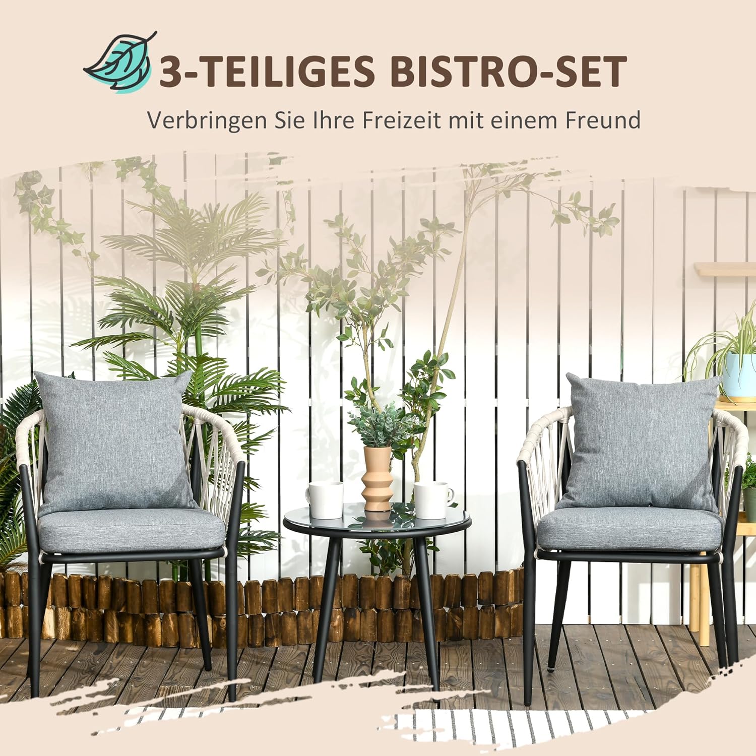 NEXAMARKET 3tlg. Gartenmöbel Set, Garten-Bistroset inkl. 1 Tisch, 2 Stühlen mit Sitzkissen, Balkon-Set, Gartengarnitur für Terrasse, Balkon, Stahl, Grau