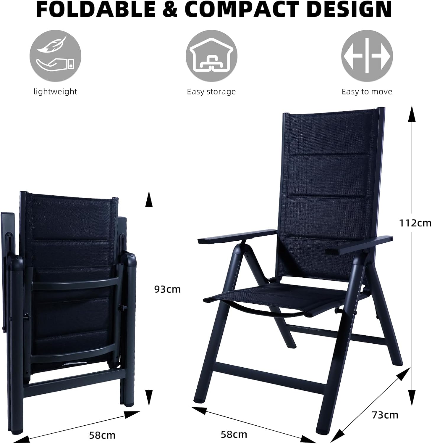 NEXAMARKET Gartenstühle Alu 2er Set,Gartenstuhl Hochlehner Klappbar, Balkonstühle 7-Fach Verstellbar bis 150kg Dunkelgaru,Modell:Luxcomfort,CushHom