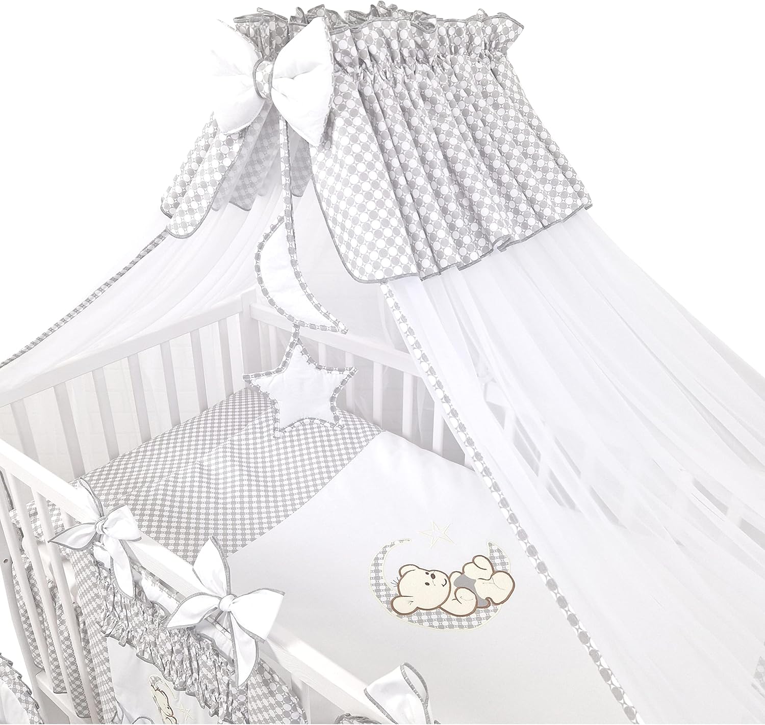 NEXAMARKET 16 Teiliges Babybett Kinderbett und Bettwäsche komplett Set Timmi inkl. Matratze höhenverstellbar für Neugeborene Babys und Kleinkinder aus Massivholz (Grau - Teddybär Mond)