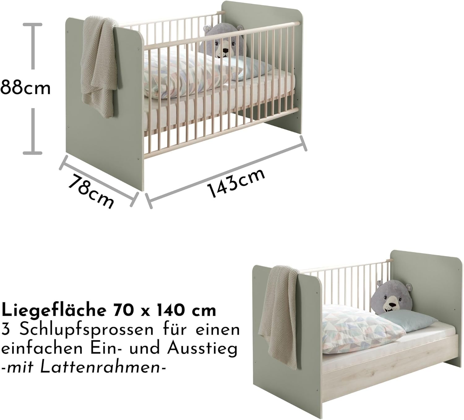 NEXAMARKET PRIZZI Sicheres Babybett 70x140 cm in Pastellgrün/Aurum Optik - Funktionales Baby Gitterbett mit höhenverstellbarem Lattenrost - 78 x 88 x 143 cm (B/H/T)