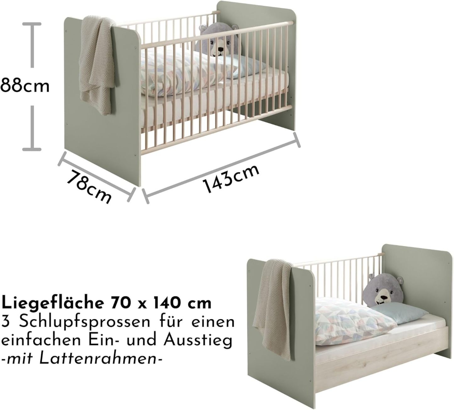 NEXAMARKET PRIZZI Sicheres Babybett 70x140 cm in Pastellgrün/Aurum Optik - Funktionales Baby Gitterbett mit höhenverstellbarem Lattenrost - 78 x 88 x 143 cm (B/H/T)