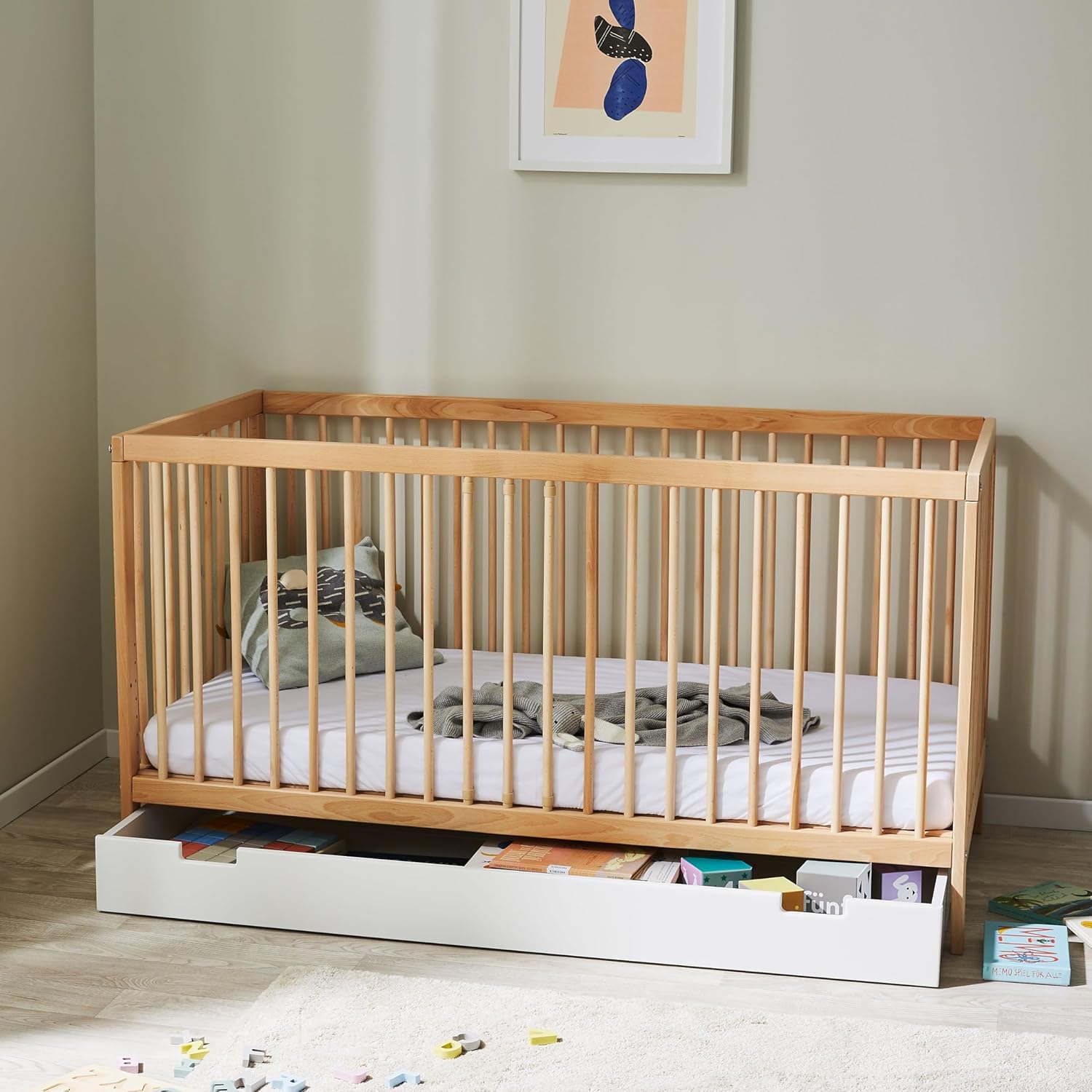 NEXAMARKET Babybett Kinderbett Gitterbett 70x140 höhenverstellbar & herausnehmbare Sprossen, mit Schublade und Matratze | Buchenholz Natur sehr stabil Made in Europe