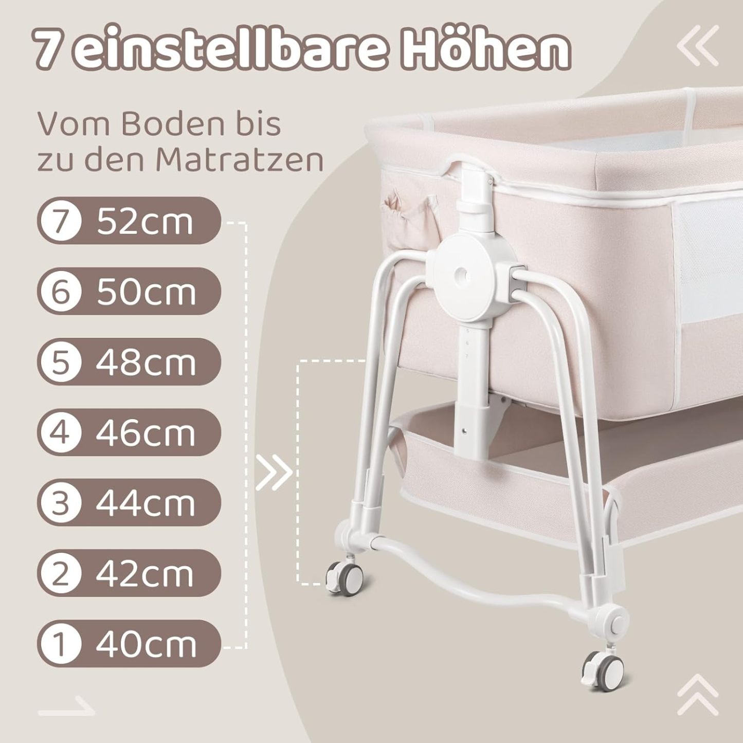 NEXAMARKET 4 In 1 Beistellbett Baby, Babybett, Reisebett Baby mit Matratze, Beistellbett 7 Fach höhenverstellbar mit Aufbewahrungskorb, Tragbarer Stubenwagen mit Rollen, Moskitonetz（Cremefarben）