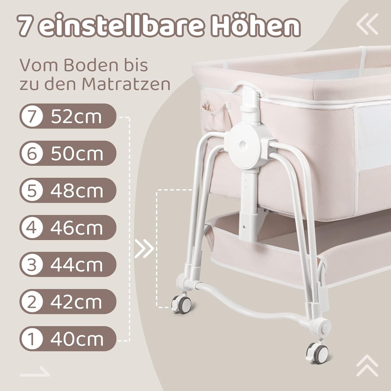 NEXAMARKET 4 In 1 Beistellbett Baby, Babybett, Reisebett Baby mit Matratze, Beistellbett 7 Fach höhenverstellbar mit Aufbewahrungskorb, Tragbarer Stubenwagen mit Rollen, Moskitonetz（Cremefarben）