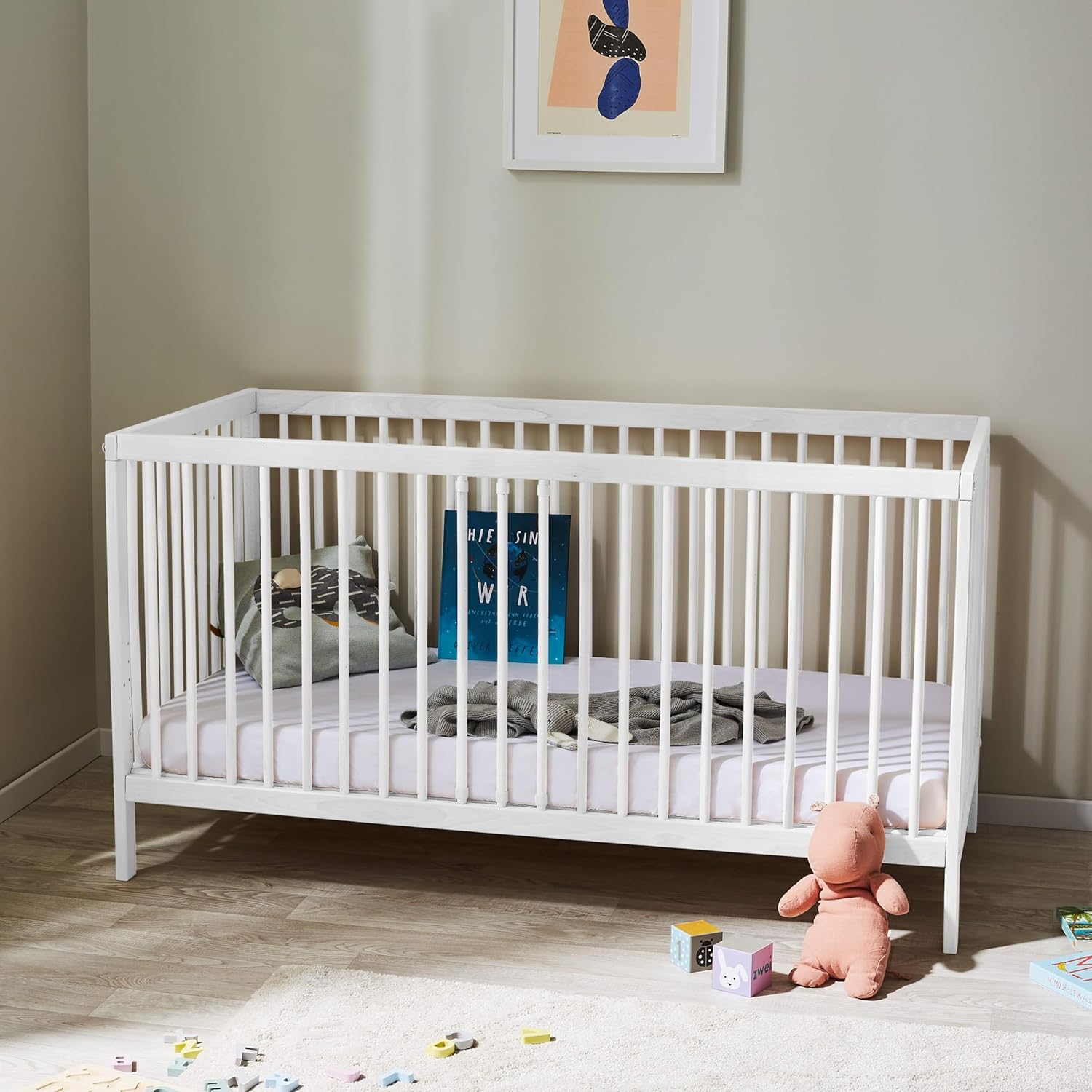 NEXAMARKET Babybett Kinderbett Gitterbett 60x120 höhenverstellbar & herausnehmbare Sprossen, optional mit Schublade und Matratze | Buchenholz Weiss sehr stabil Made in Europe
