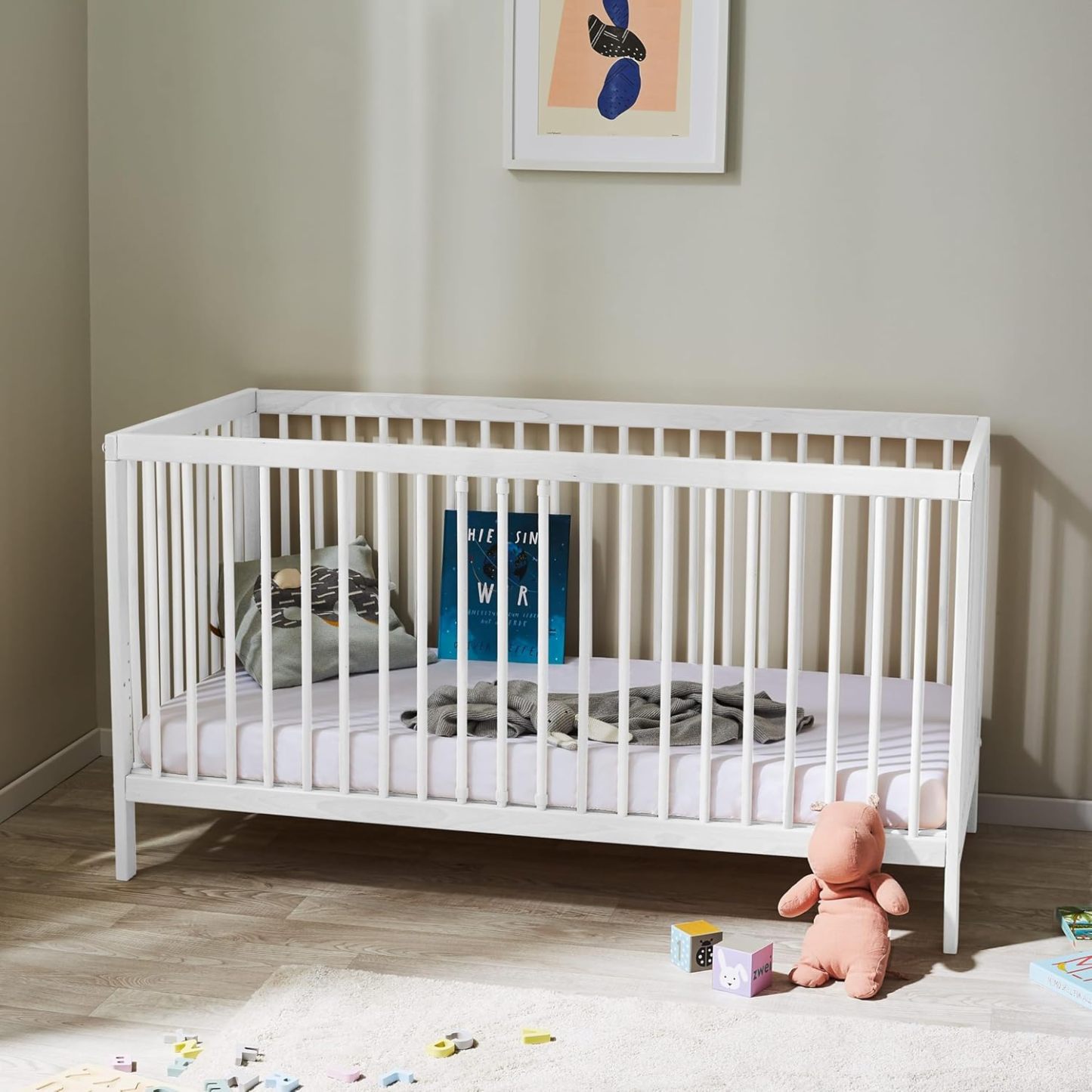 NEXAMARKET Babybett Kinderbett Gitterbett 60x120 höhenverstellbar & herausnehmbare Sprossen, optional mit Schublade und Matratze | Buchenholz Weiss sehr stabil Made in Europe