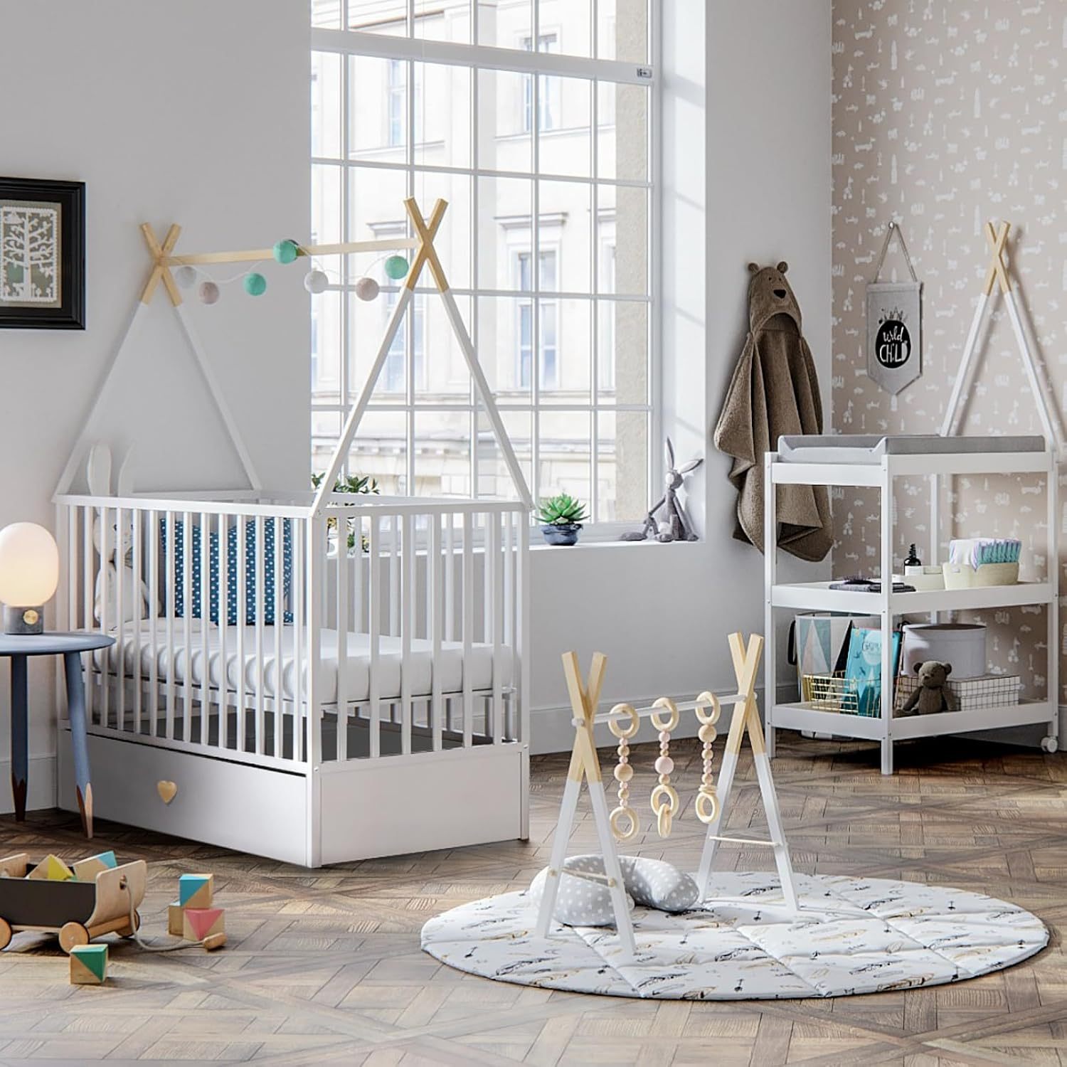 NEXAMARKET Weiss Babybett mit Schubladen 60x120 - Baby Bett - Kinderbett 60x120 ab 3 Jahr - Beistellbett Baby - Kinder Bett - Maserholz Kinderbetten