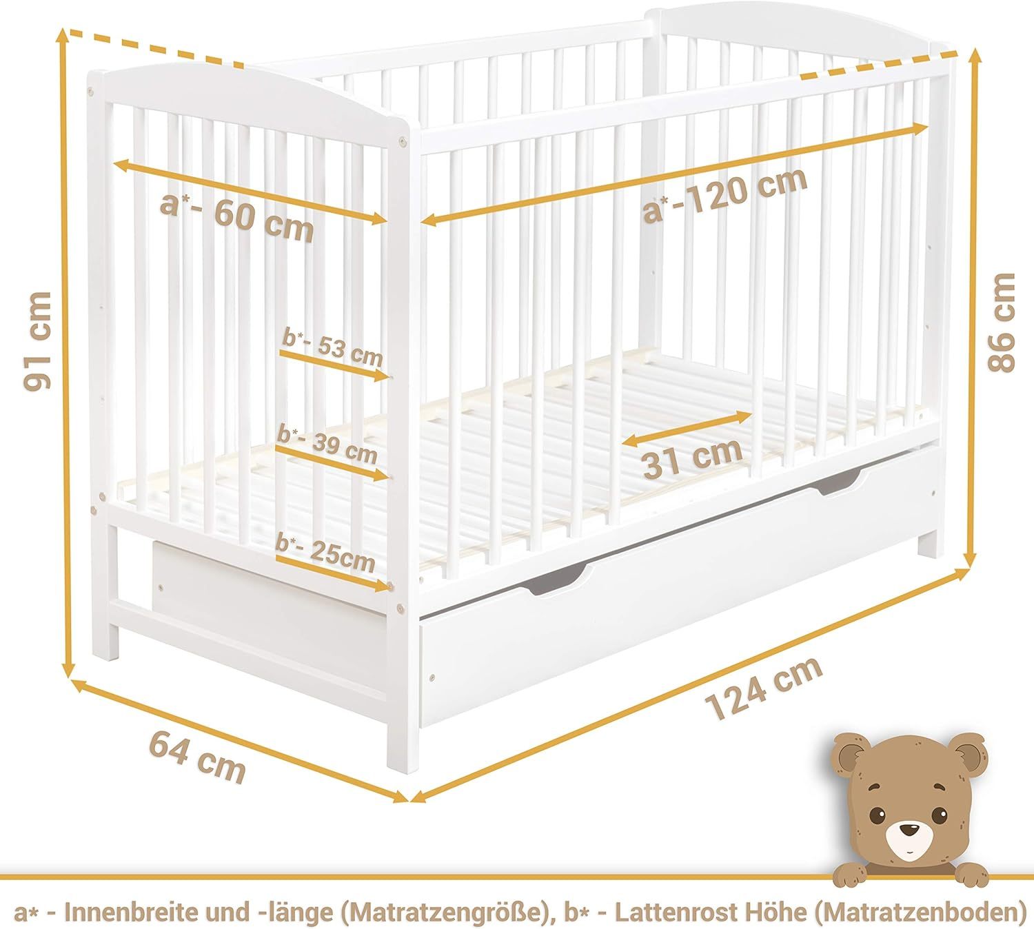NEXAMARKET Kinderbett Babybett 60x120 cm – Gitterbett mit Schublade, Höhenverstellbarem Lattenrost und Schlupfsprossen, Umbaubar zum Juniorbett – Weiß