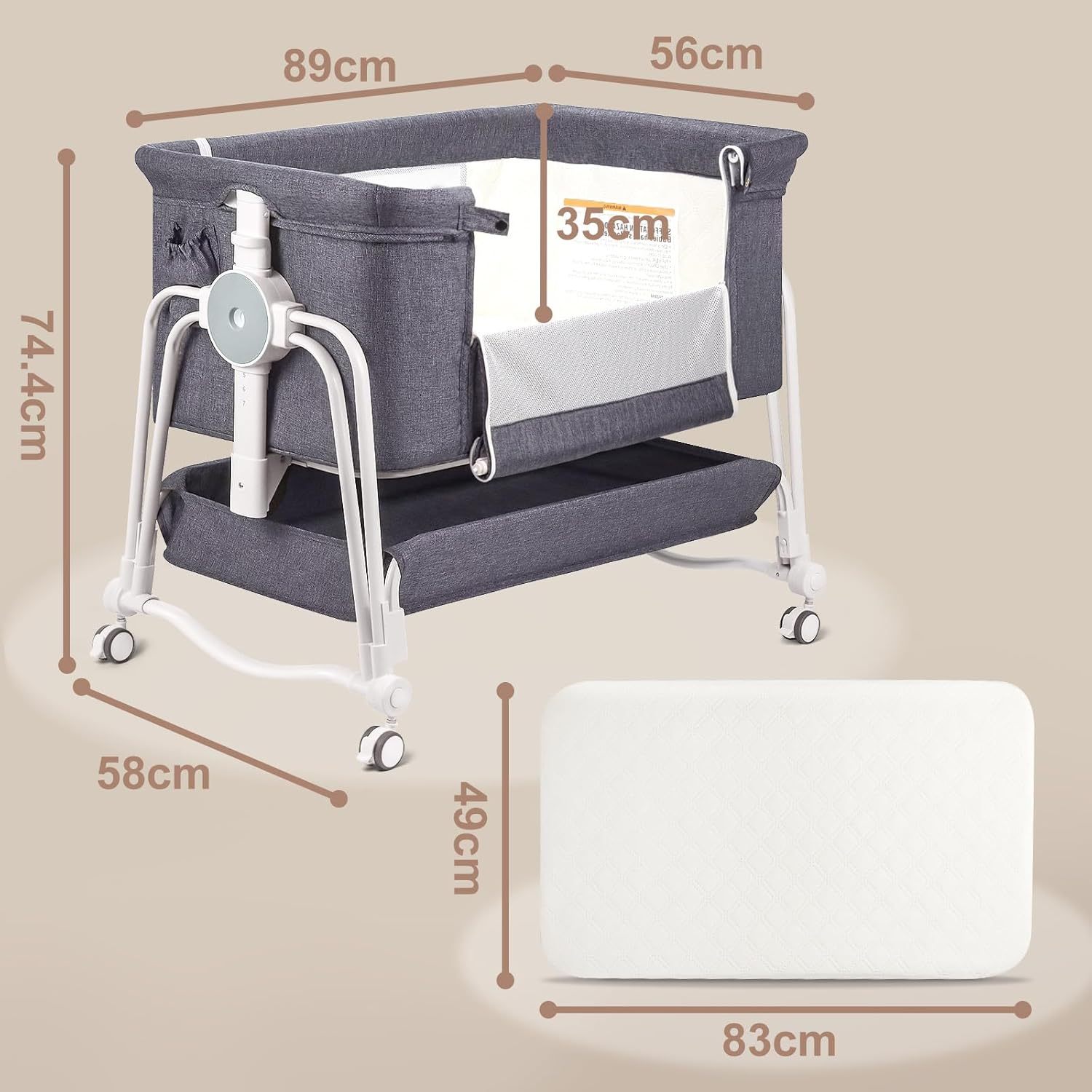 NEXAMARKET 4 In 1 Beistellbett Baby, Reisebett Baby mit Matratze, Babybett 7 Fach höhenverstellbar mit Aufbewahrungskorb & Tragetasche, Licht Kinderbett mit Rollen, Matratze und Moskitonetz（Grau）