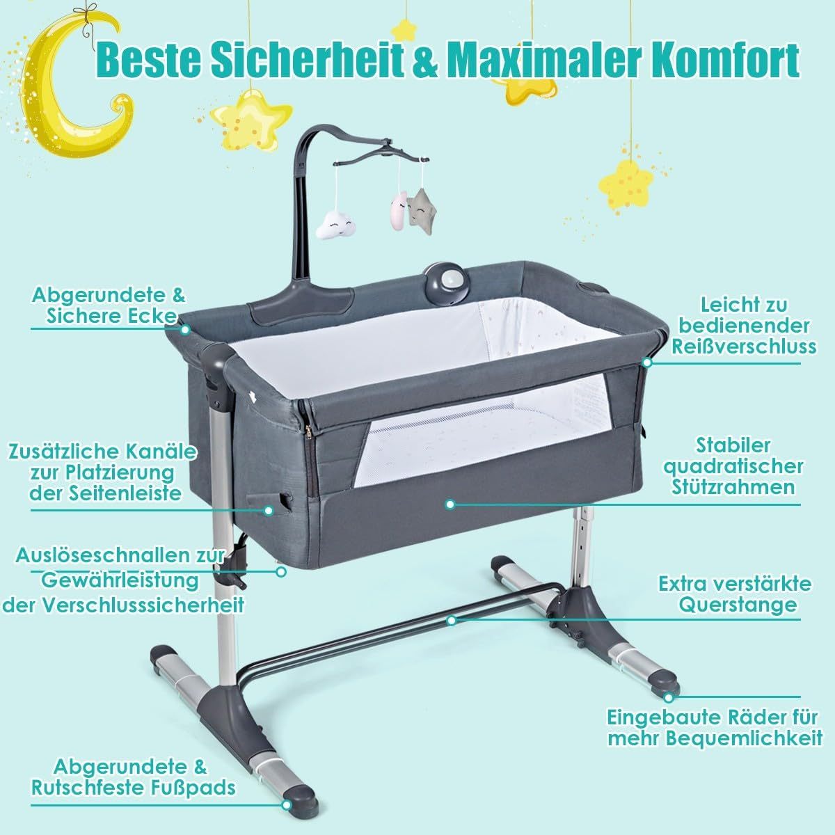 NEXAMARKET 2 in 1 Babybett & Beistellbett, Höhenverstellbar & Klappbar Reisebett mit Matratze, Spieluhr, Spielzeug & Tragetasche, Kinderbett für Baby 0-6 Monate bis 9 kg belastbar (Modell 1, 97 x 57 cm)