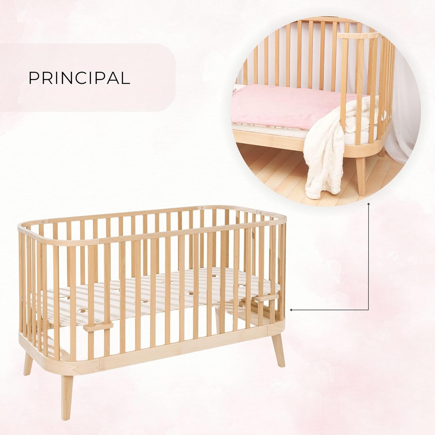 NEXAMARKET MEBLE Gitterbett 140x70 cm - 2in1 Babybett Kinderbett - Principal Beistellbett Baby aus Holz - Bett Baby Mitwachsend - Kinderbett umbaubar - Jugendbett - Holz