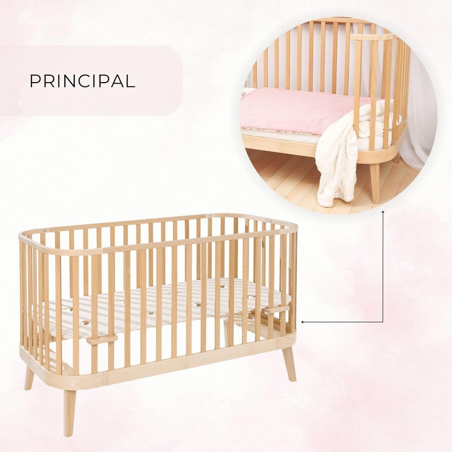 NEXAMARKET MEBLE Gitterbett 140x70 cm - 2in1 Babybett Kinderbett - Principal Beistellbett Baby aus Holz - Bett Baby Mitwachsend - Kinderbett umbaubar - Jugendbett - Holz