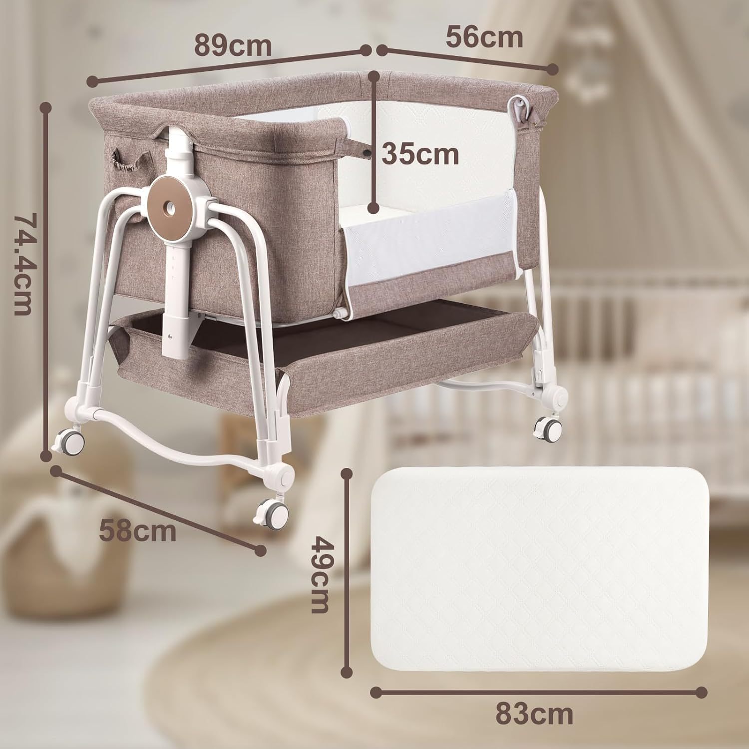 NEXAMARKET 4 In 1 Beistellbett Baby, Reisebett Baby, Babybett 7 Fach höhenverstellbar mit Aufbewahrungskorb & Tragetasche, Licht Kinderbett mit Rollen, Matratze und Moskitonetz（Khaki）