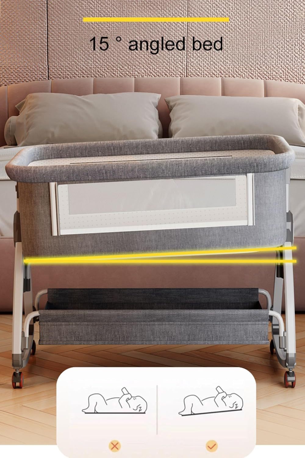 NEXAMARKET 3in1 Baby Beistellbett Reisebett, Babybetten, Mit Rollen, Sechs Ebenen Stufen Höhenverstellung, Wiege, Höhenverstellug und Einstellung der Neigung der Matratze (Goldgrau)