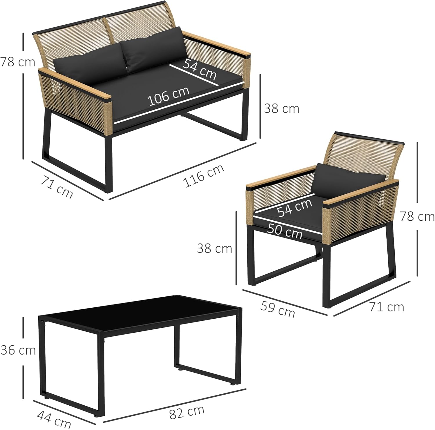 NEXAMARKET Polyrattan Gartenmöbel Set 4 Personen, wetterfest Balkonmöbel-Set mit 2er Sofa, 2 Stühle Glastisch Sitzkissen, Outdoor Sitzgruppe, Terrassenmöbel Gartengarnitur für Garten Balkon, Schwarz