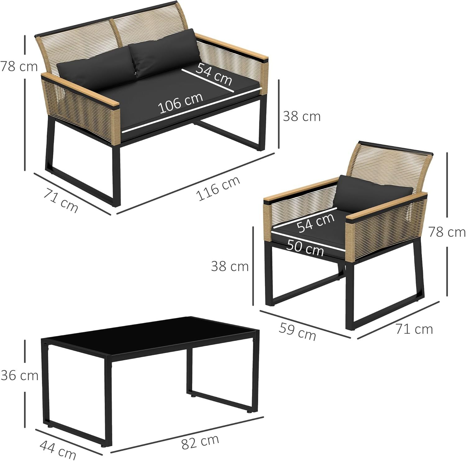 NEXAMARKET Polyrattan Gartenmöbel Set 4 Personen, wetterfest Balkonmöbel-Set mit 2er Sofa, 2 Stühle Glastisch Sitzkissen, Outdoor Sitzgruppe, Terrassenmöbel Gartengarnitur für Garten Balkon, Schwarz