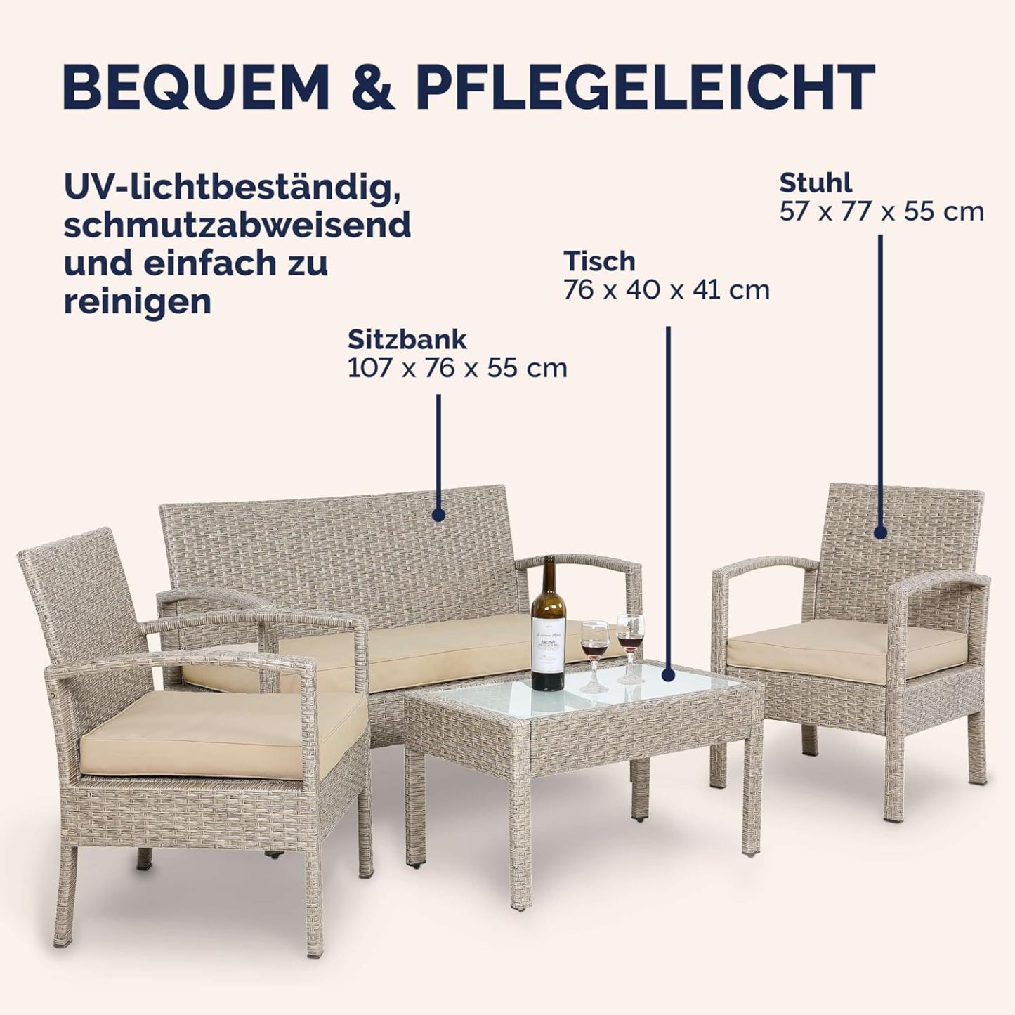 NEXAMARKET Gartenmöbel Set Wetterfest 4 Personen Outdoor inkl. Auflagen Polyrattan 2 Sessel Gartenbank Tisch Garten Terrasse Balkon Möbel Lounge Creme