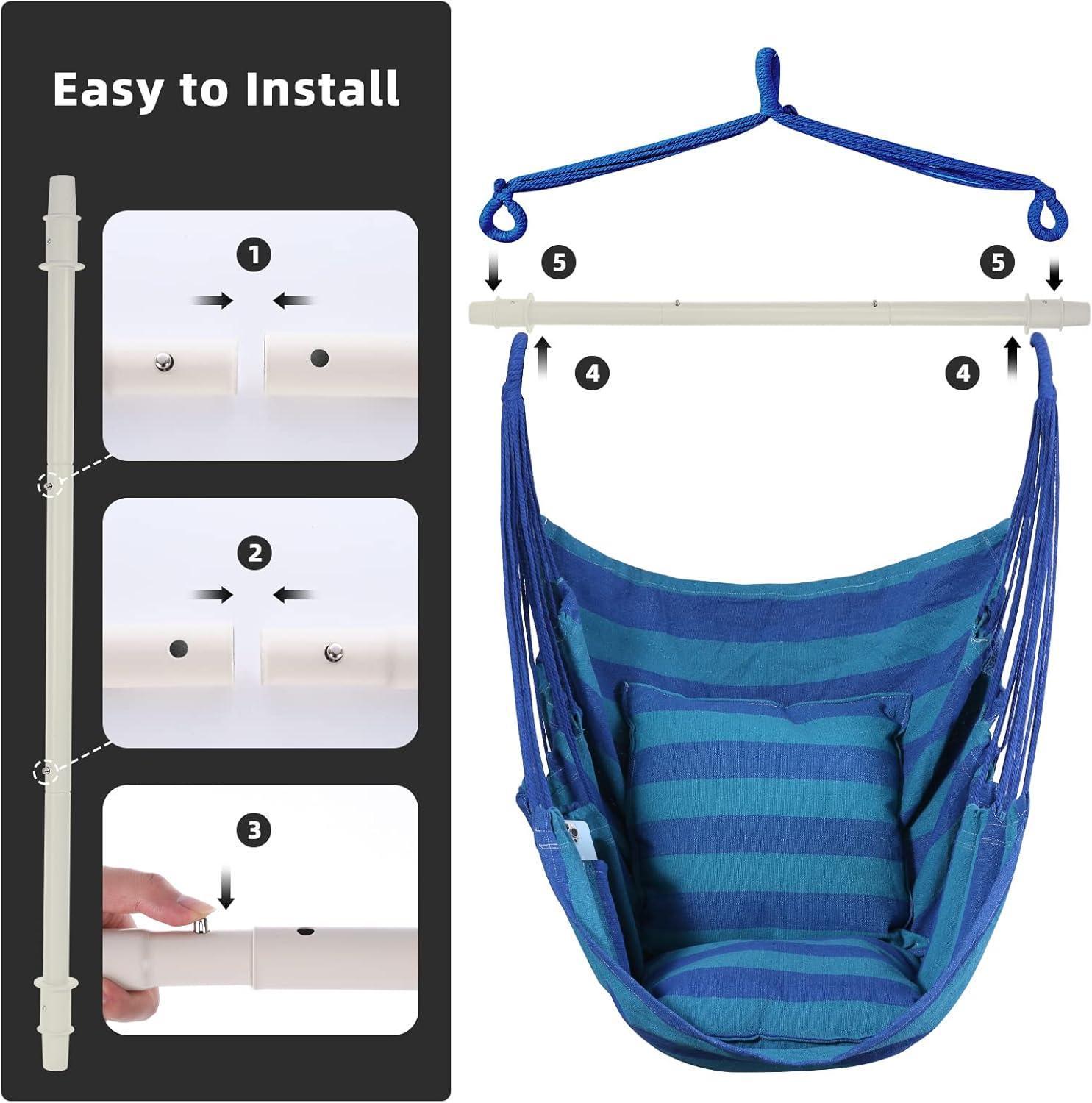 NEXAMARKET Schaukel Stuhl Große Hängematte Stuhl Weiche Baumwolle mit 2 Sitzkissen Kissen mit Tragetasche für Innen-/Außen-/Schlafzimmer Patio Garten Balkon, 330 Lbs (Blauer Streifen)