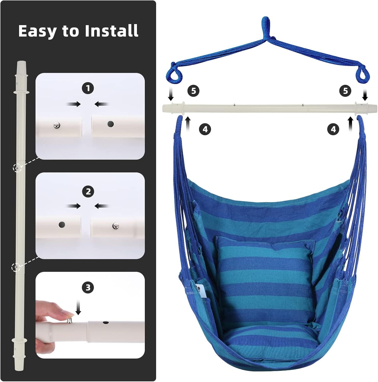 NEXAMARKET Schaukel Stuhl Große Hängematte Stuhl Weiche Baumwolle mit 2 Sitzkissen Kissen mit Tragetasche für Innen-/Außen-/Schlafzimmer Patio Garten Balkon, 330 Lbs (Blauer Streifen)