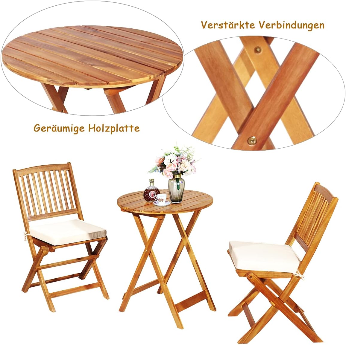 NEXAMARKET 3-TLG. Terrassenmöbel-Set, Gartenmöbel-Set klappbar mit Rundem Tisch & 2 Stühlen, Ergonomische Sitzgarnitur aus Akazienholz mit 2 Kissen, Bistroset für Balkon Garten Terrasse Hinterhof (Beige)