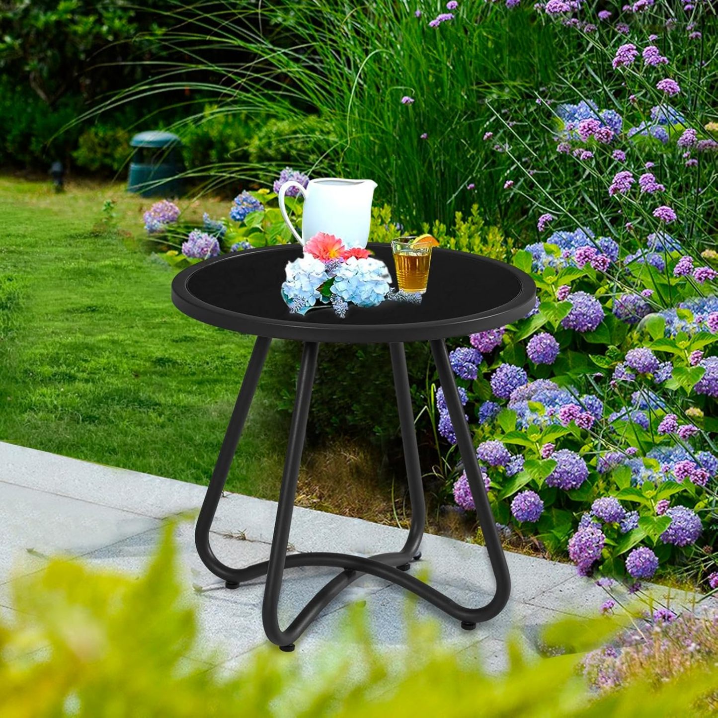 NEXAMARKET Outdoor-Beistelltische, Kleiner Gartentisch, runder Terrassen-Beistelltisch aus Stahl, Akzent-Beistelltisch für Terrasse, Hof, Garten, Innen- und Außenbereich (Tischplatte aus gehärtetem Glas)